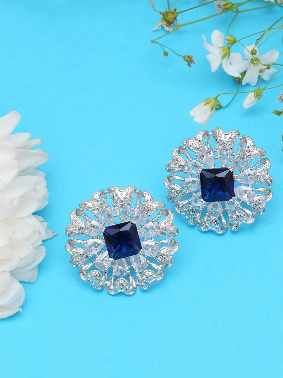 Blue American Diamond Contemporary Studs Earrings