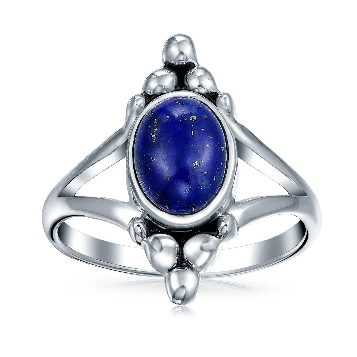 Boho Bali Style Silver Ring with Blue Lapis Lazuli Gemstone and Split Shank Band