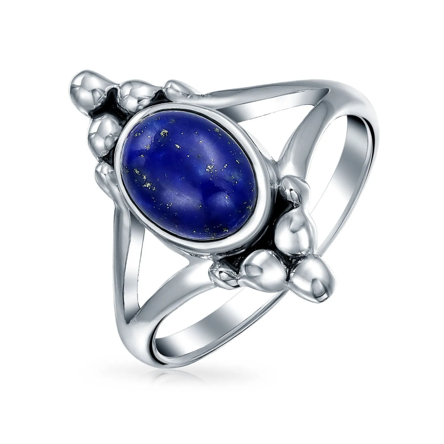 Boho Bali Style Silver Ring with Blue Lapis Lazuli Gemstone and Split Shank Band