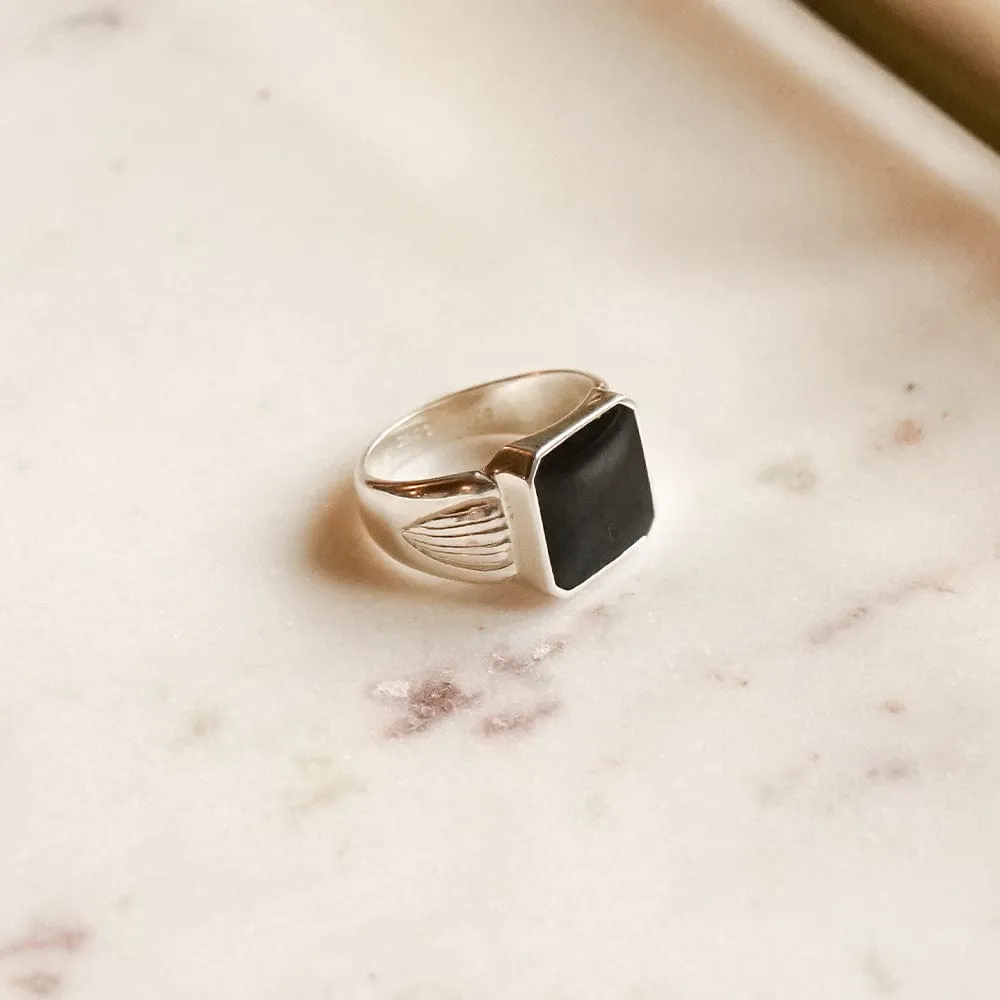 Bold Black Enamel Signet Ring Sterling Silver