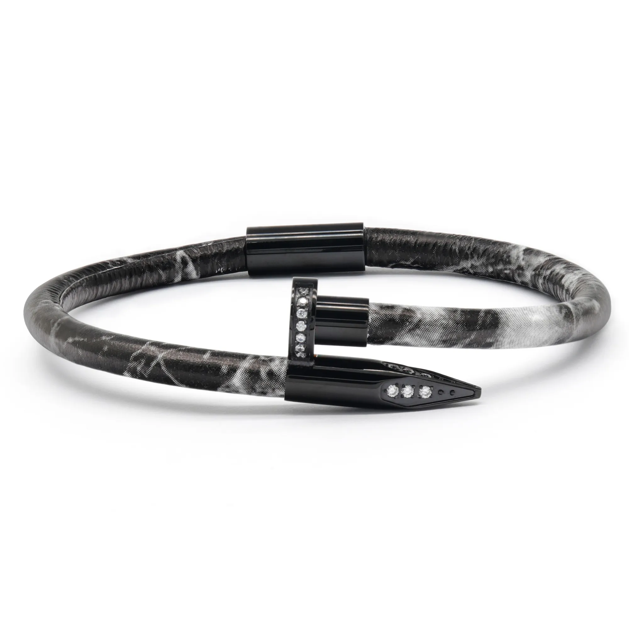 Bracelet Black Nail with Zircon - Black Leather