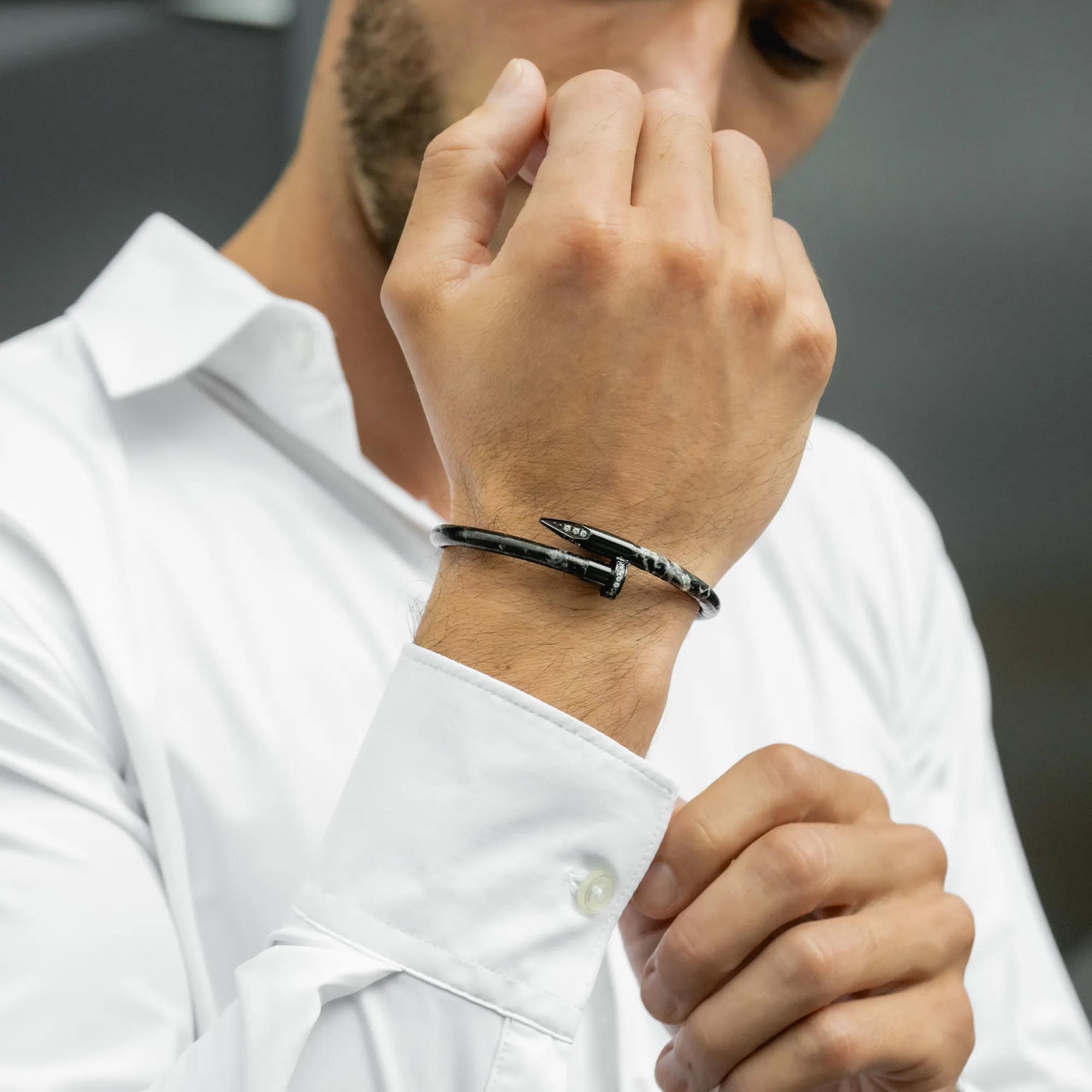 Bracelet Black Nail with Zircon - Black Leather