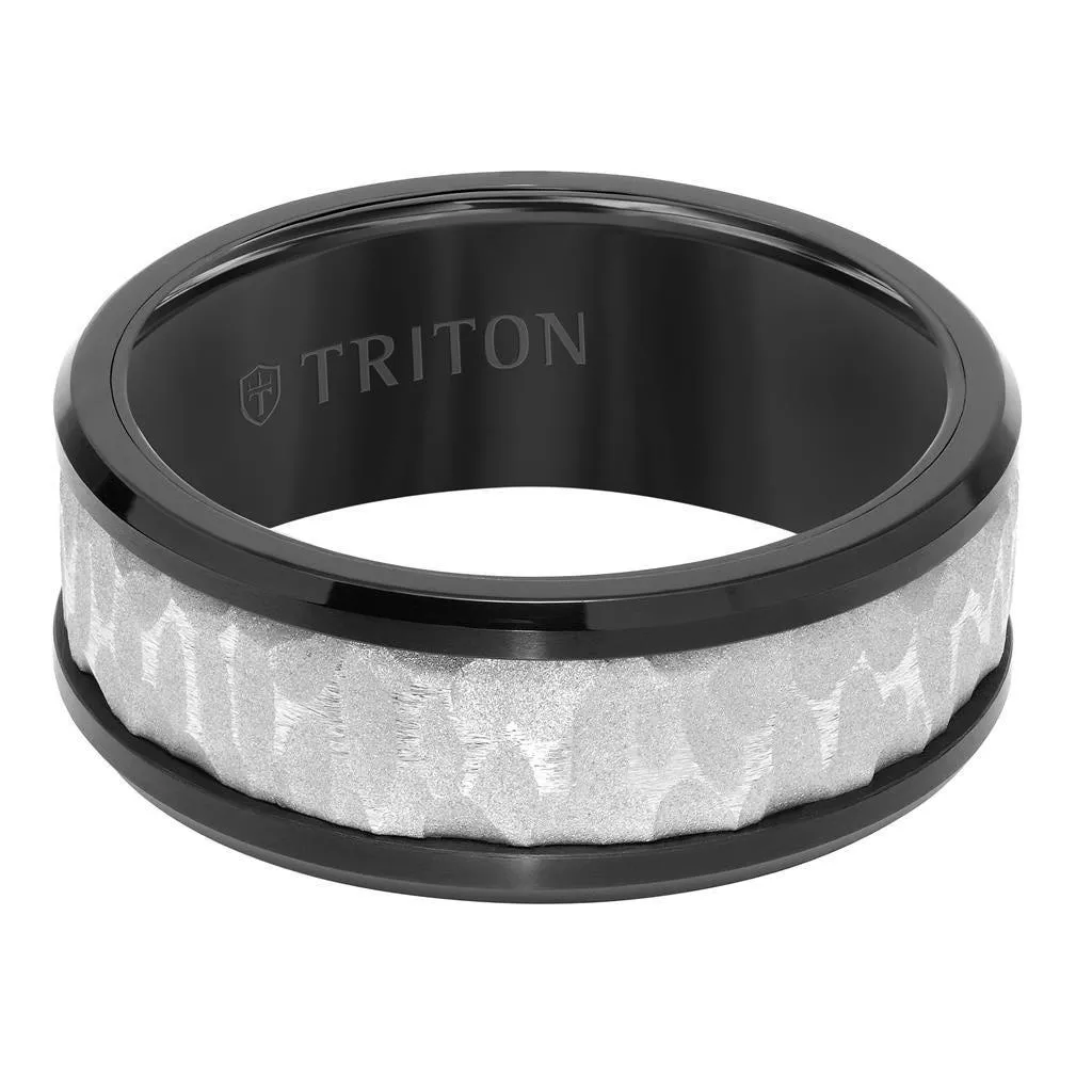 BROCHAN Black Tungsten Two-Tone Polished Beveled Edges Wedding Ring with Sandblasted Textured Center by Triton Rings - 9mm