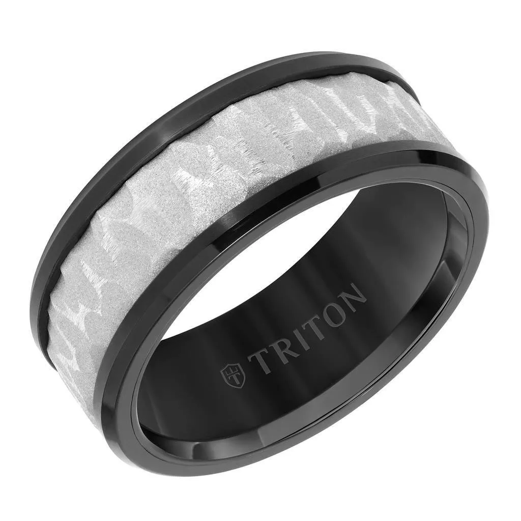 BROCHAN Black Tungsten Two-Tone Polished Beveled Edges Wedding Ring with Sandblasted Textured Center by Triton Rings - 9mm