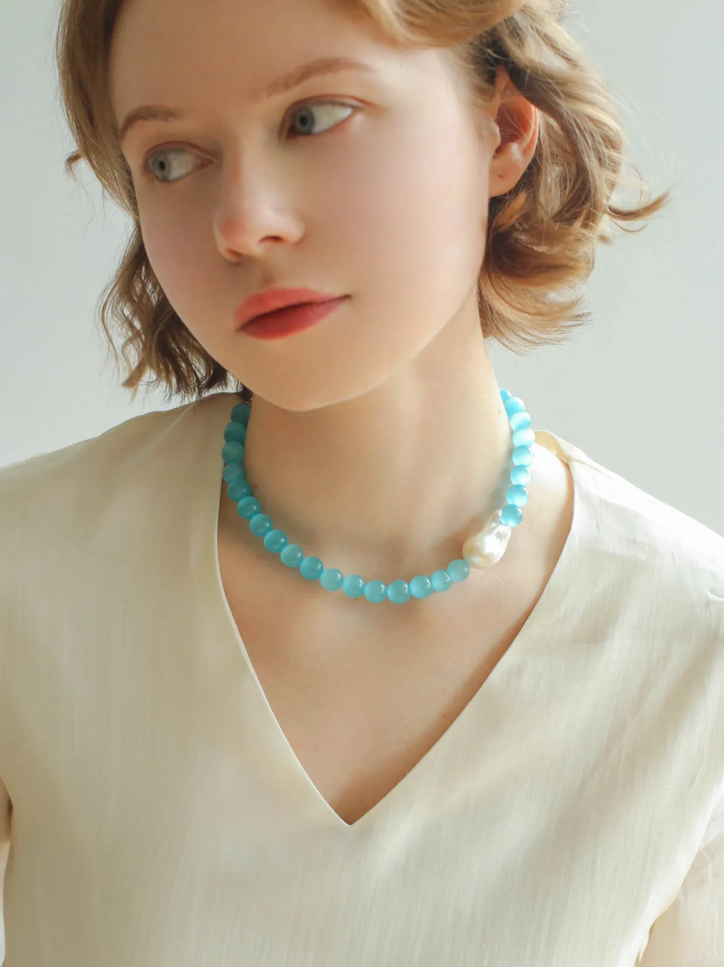 Cat's Eye Stone Baroque Pearl Collar Necklace-Blue