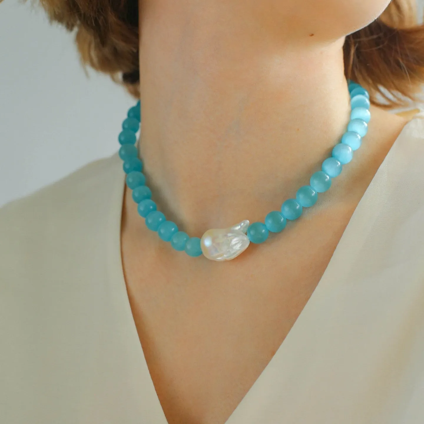 Cat's Eye Stone Baroque Pearl Collar Necklace-Blue