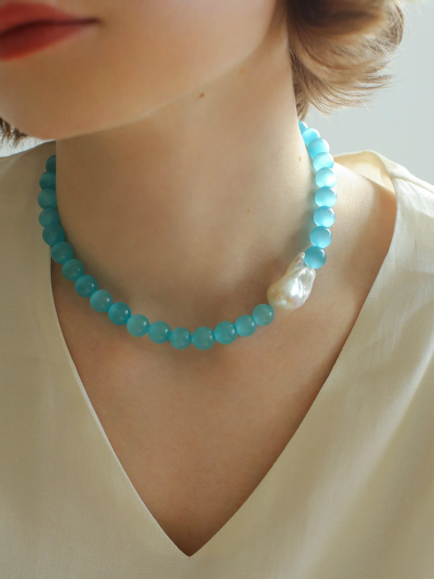 Cat's Eye Stone Baroque Pearl Collar Necklace-Blue