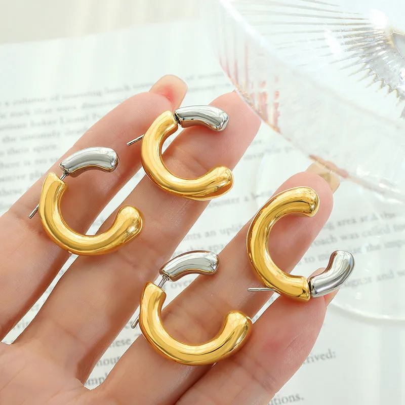 Chic Titanium Steel C-Shaped Earrings with Unique Two-Tone Stitching