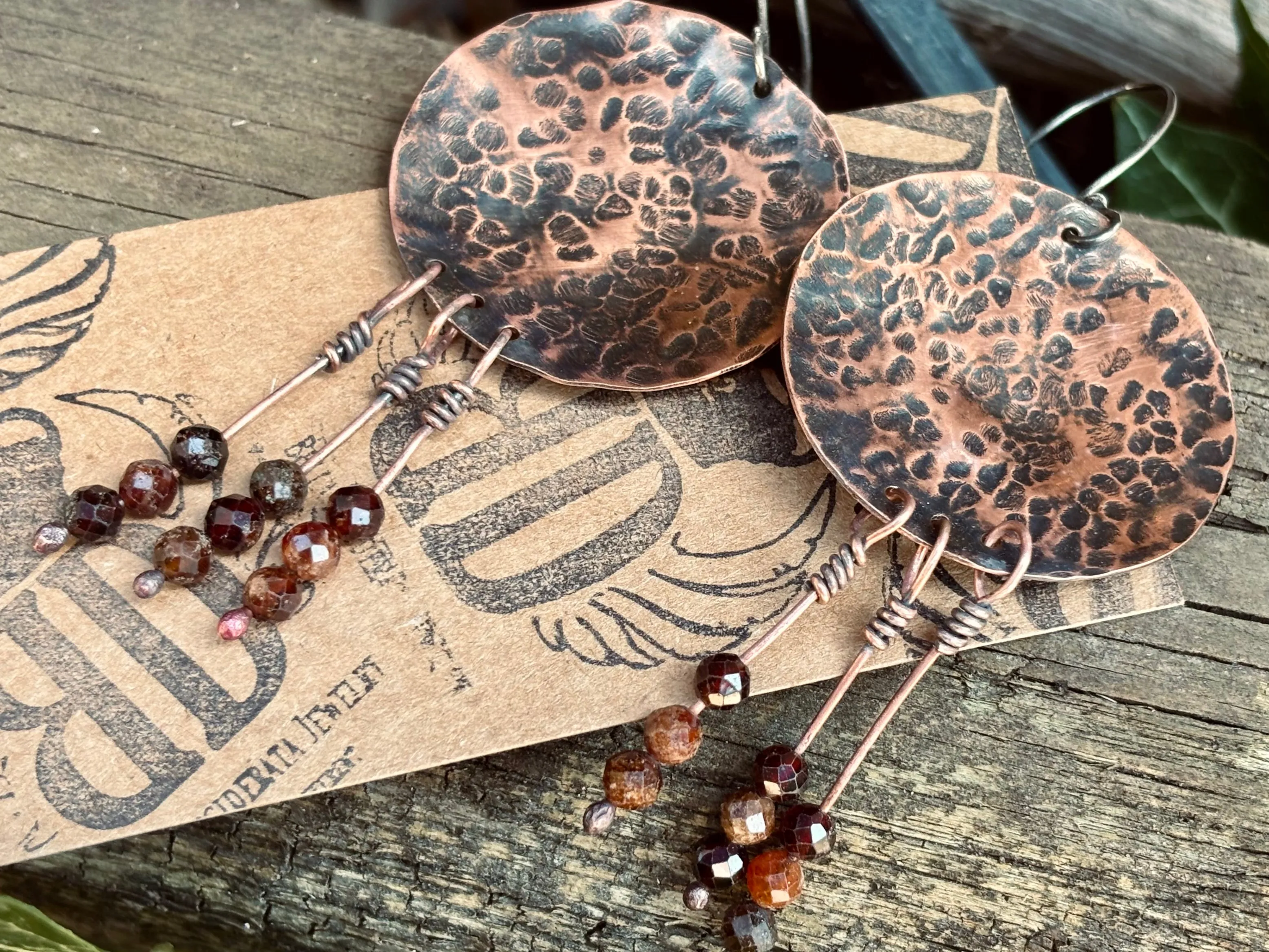 Copper Silver Garnet Disc Earrings