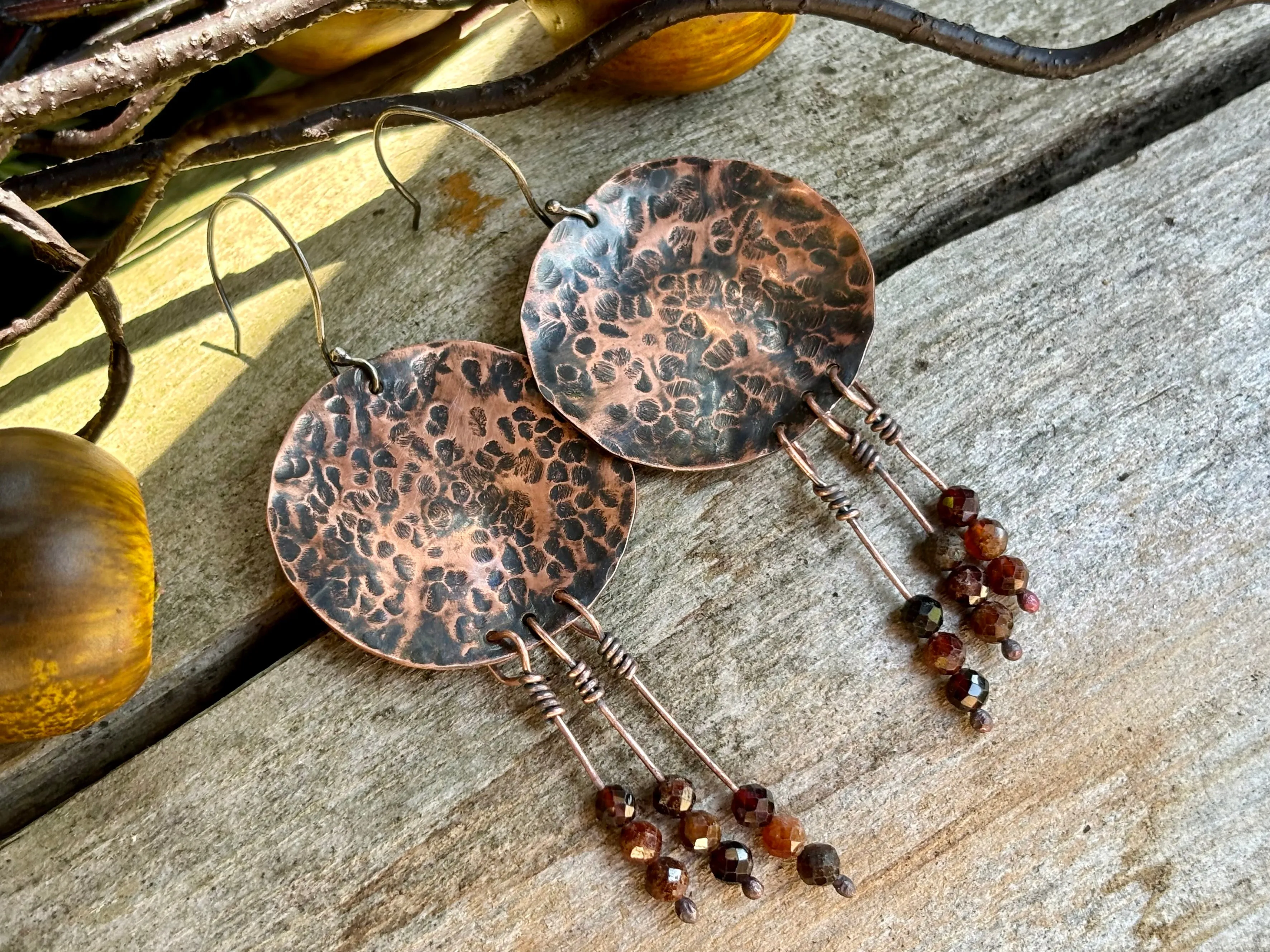 Copper Silver Garnet Disc Earrings