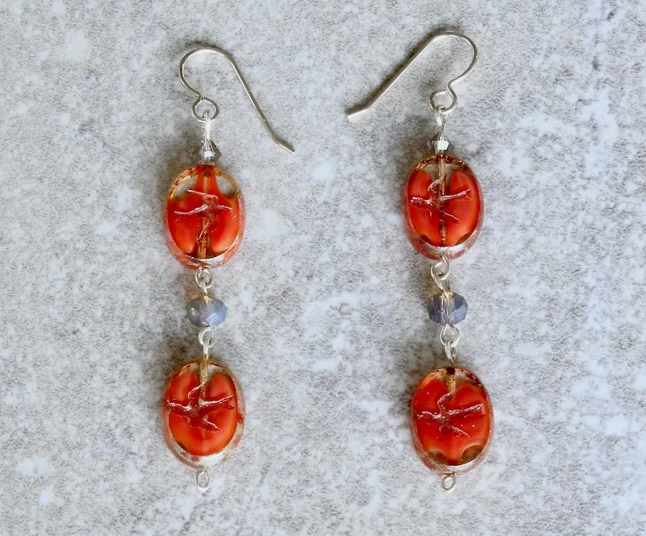 Coral-Splashed Czech Glass Bird Print Earrings with Fire Polished Glass and Sterling Silver