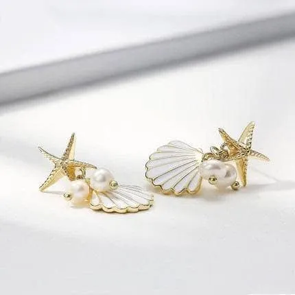 Created Diamond Unique Starfish Scallop Pearl Earrings