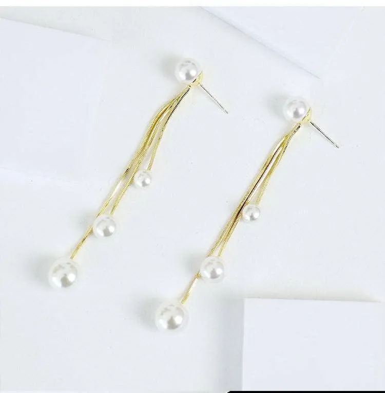 Created Diamond Unique Three Tassels Pearl Earrings