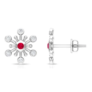 Created Ruby and Diamond Snowflake Contemporary Stud Earrings