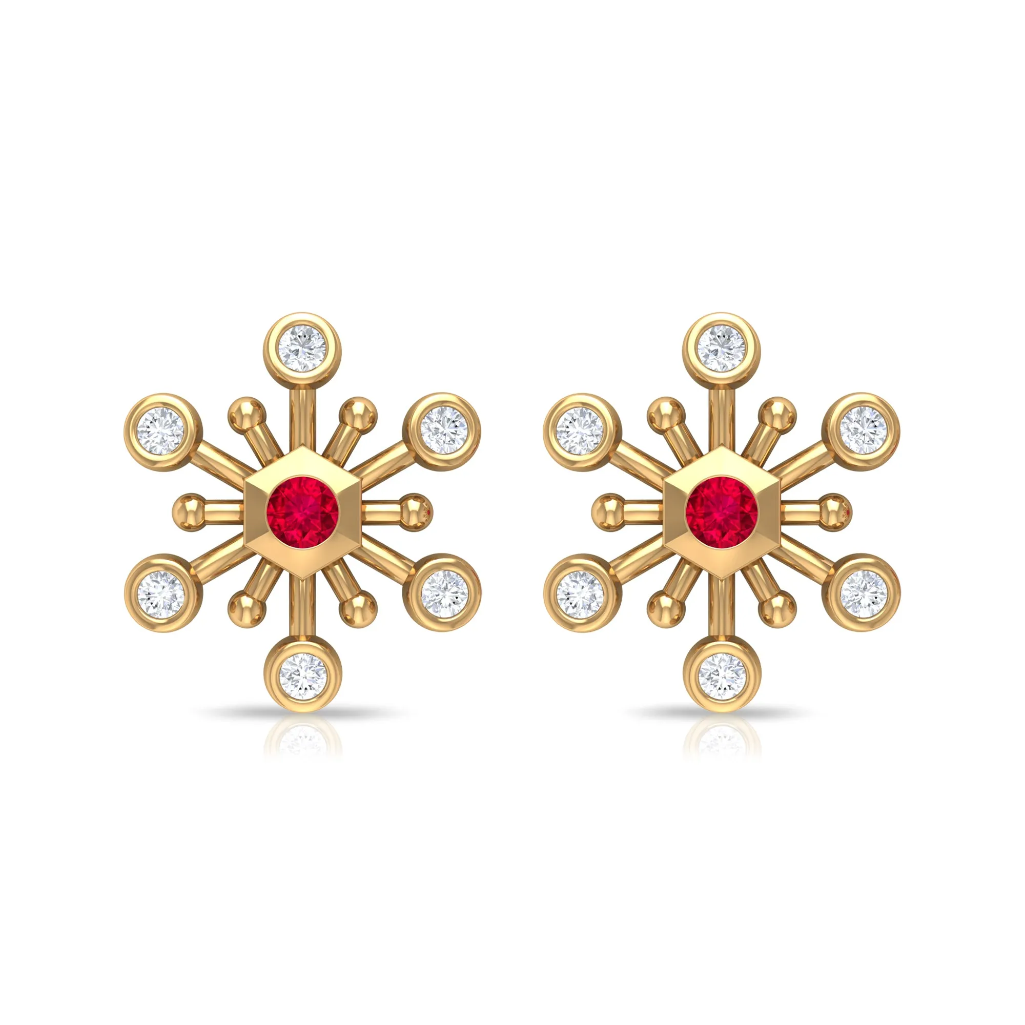 Created Ruby and Diamond Snowflake Contemporary Stud Earrings