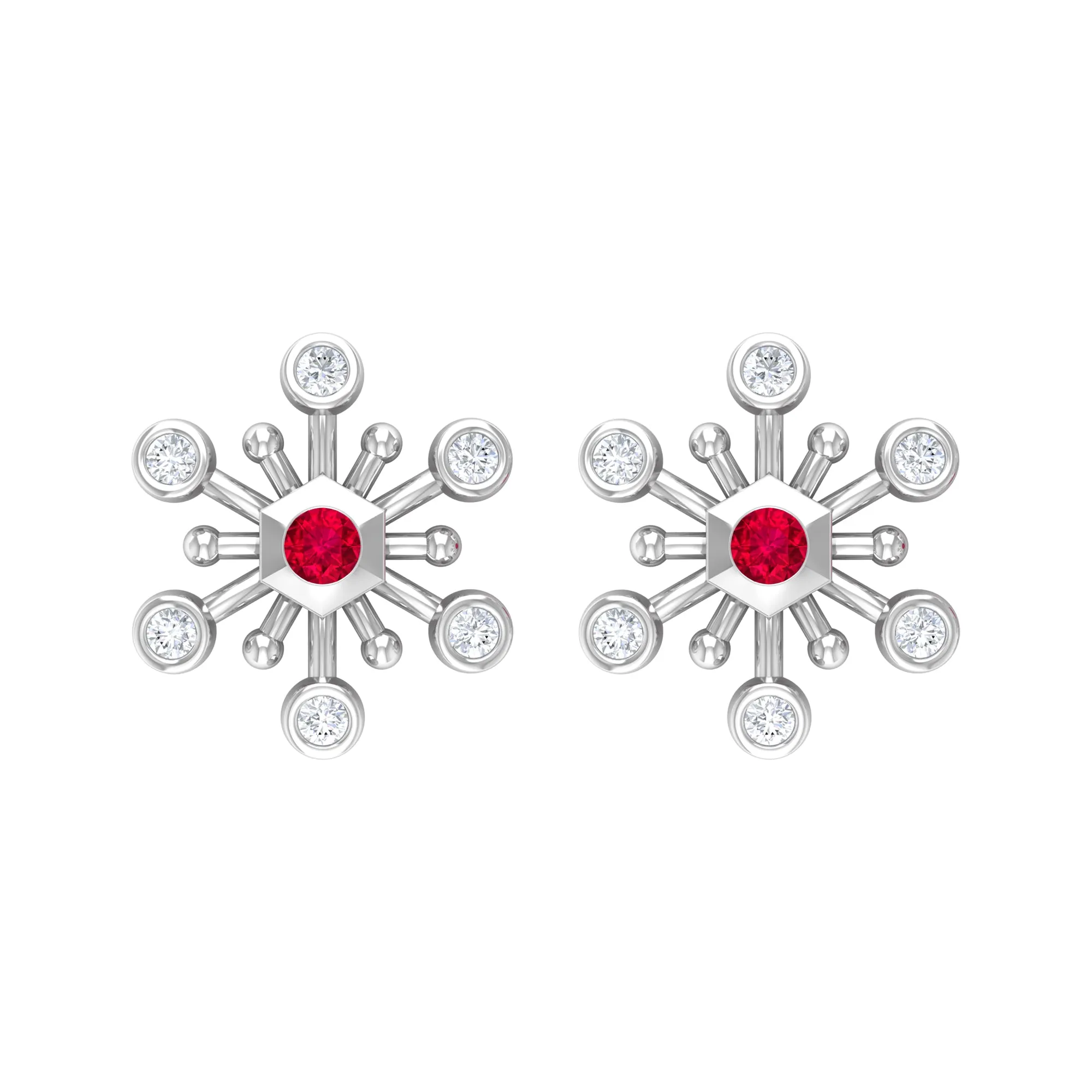 Created Ruby and Diamond Snowflake Contemporary Stud Earrings