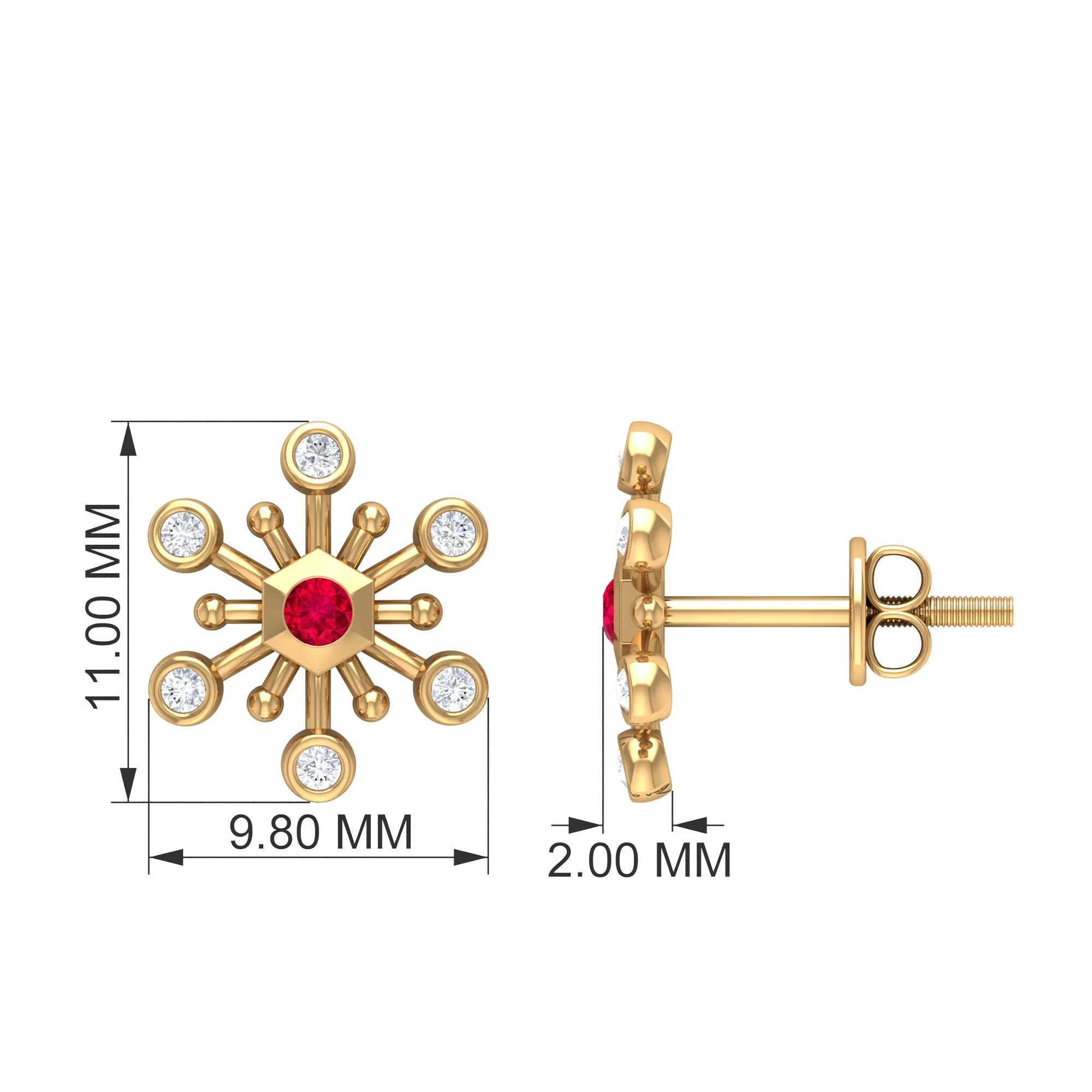 Created Ruby and Diamond Snowflake Contemporary Stud Earrings