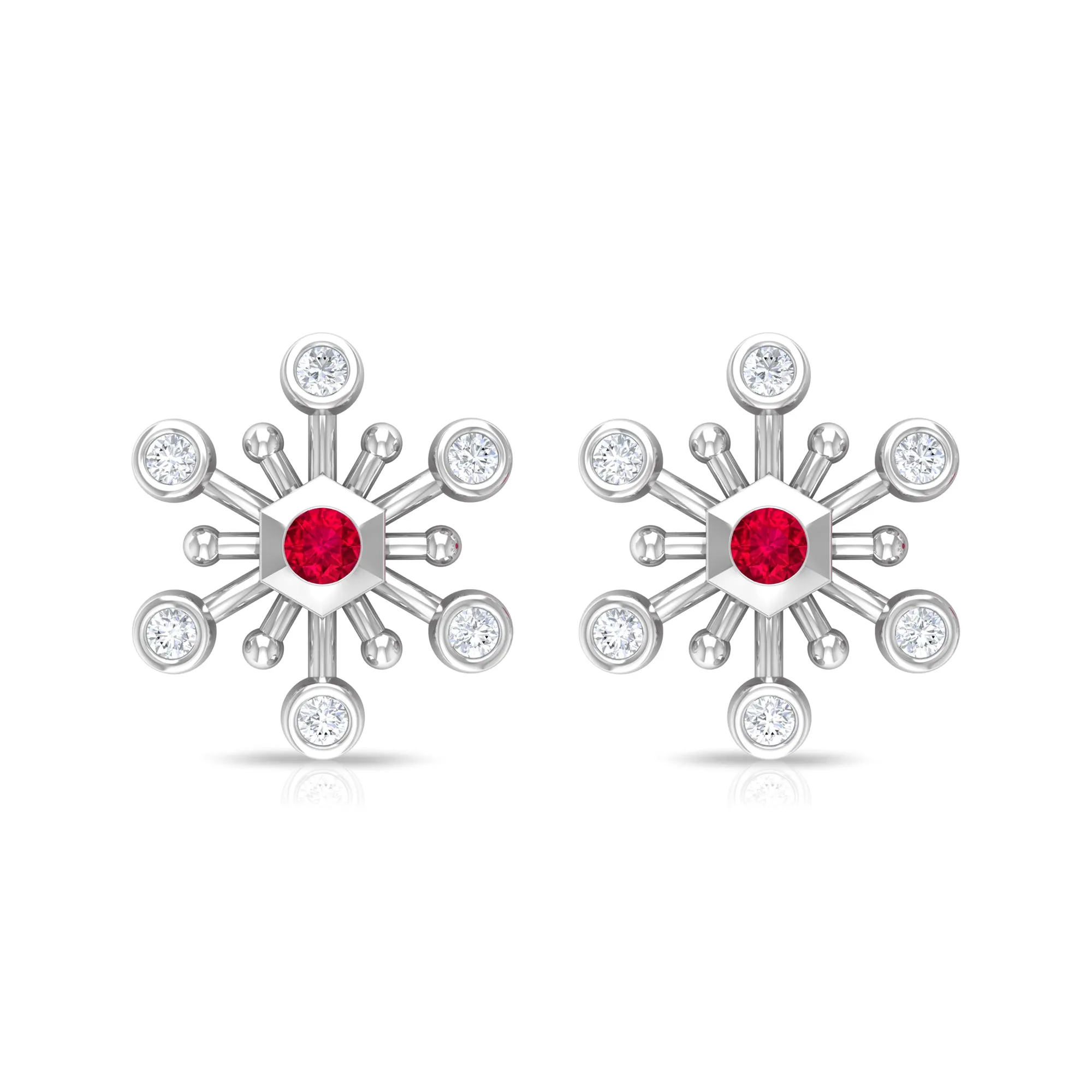 Created Ruby and Diamond Snowflake Contemporary Stud Earrings