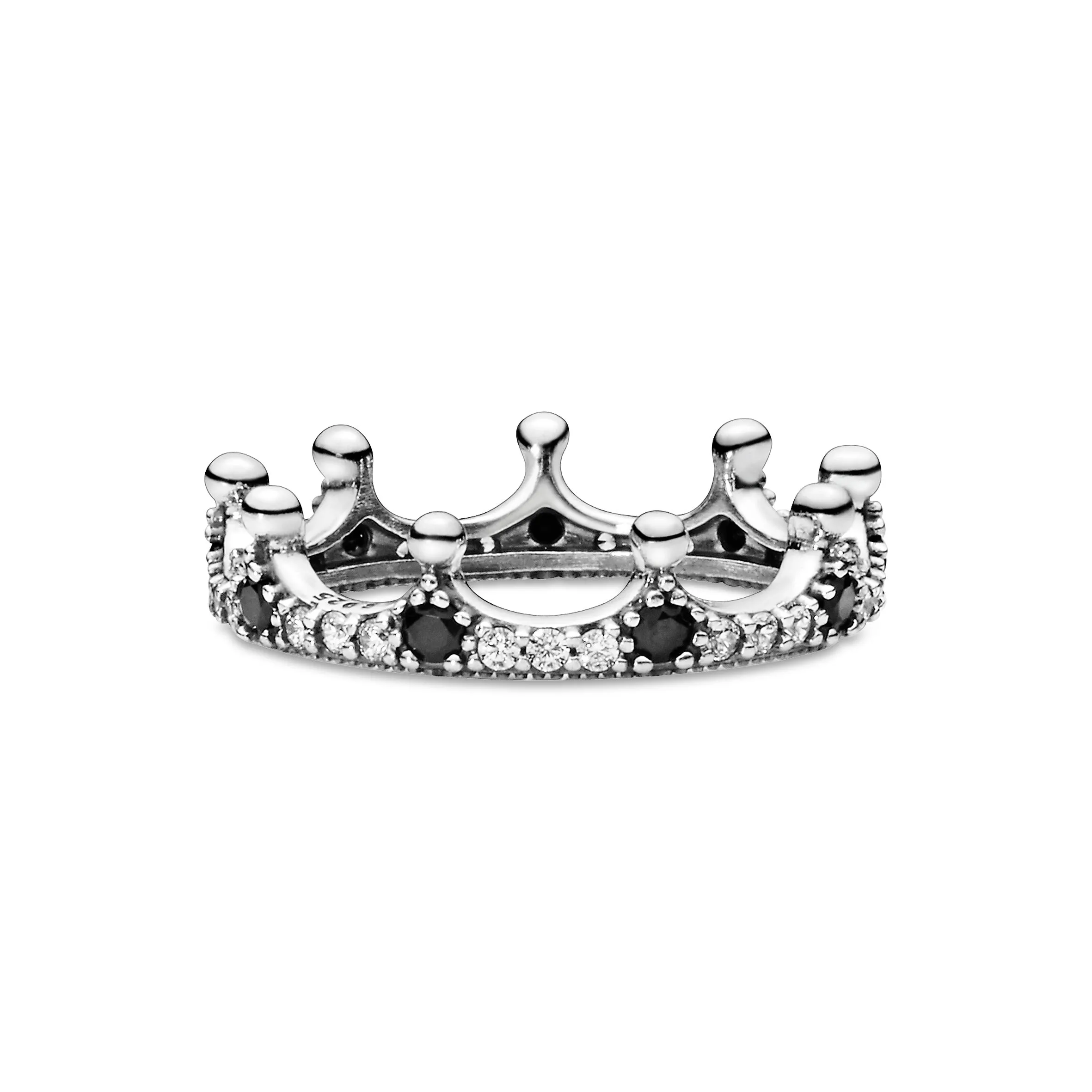 Crown silver ring with clear cubic zirconia and black crystal