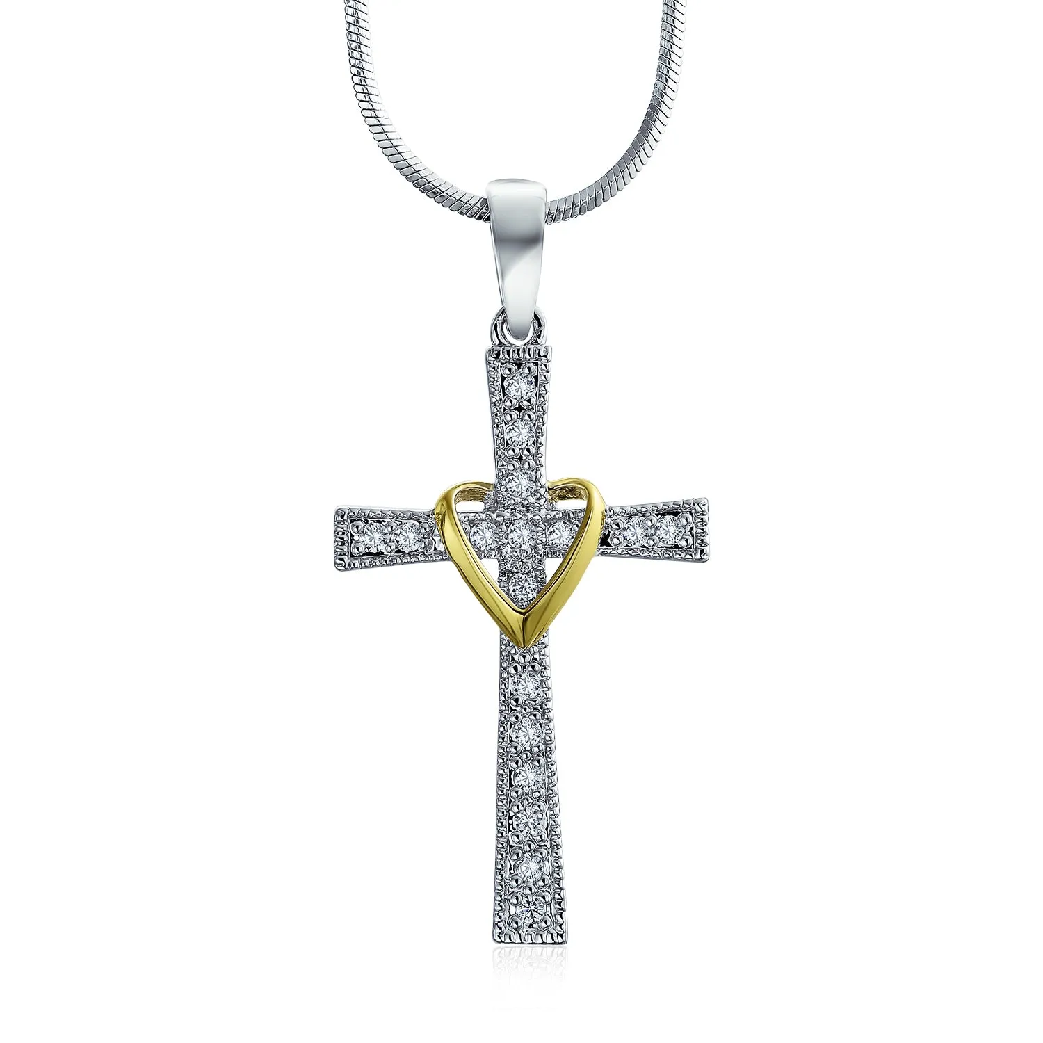 CZ Pave Accent Heart & Infinity Cross Pendant Necklace 14K Gold Plated Teens