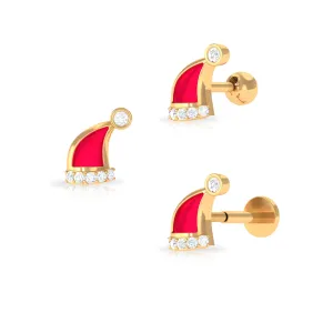 Diamond and Red Enamel Christmas Santa Hat Helix Earring