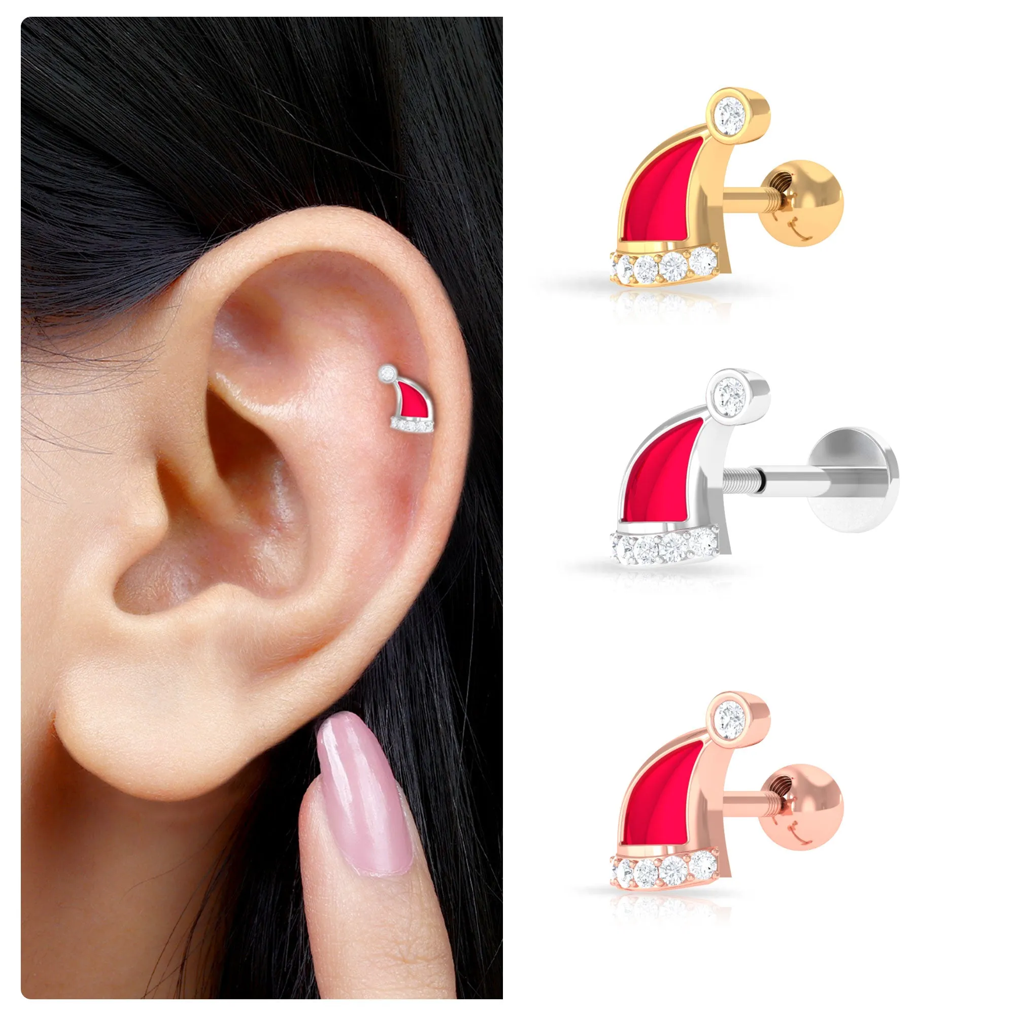 Diamond and Red Enamel Christmas Santa Hat Helix Earring