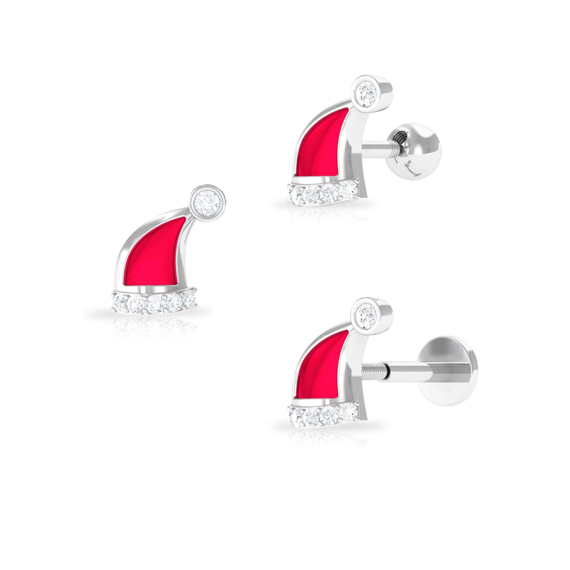 Diamond and Red Enamel Christmas Santa Hat Helix Earring