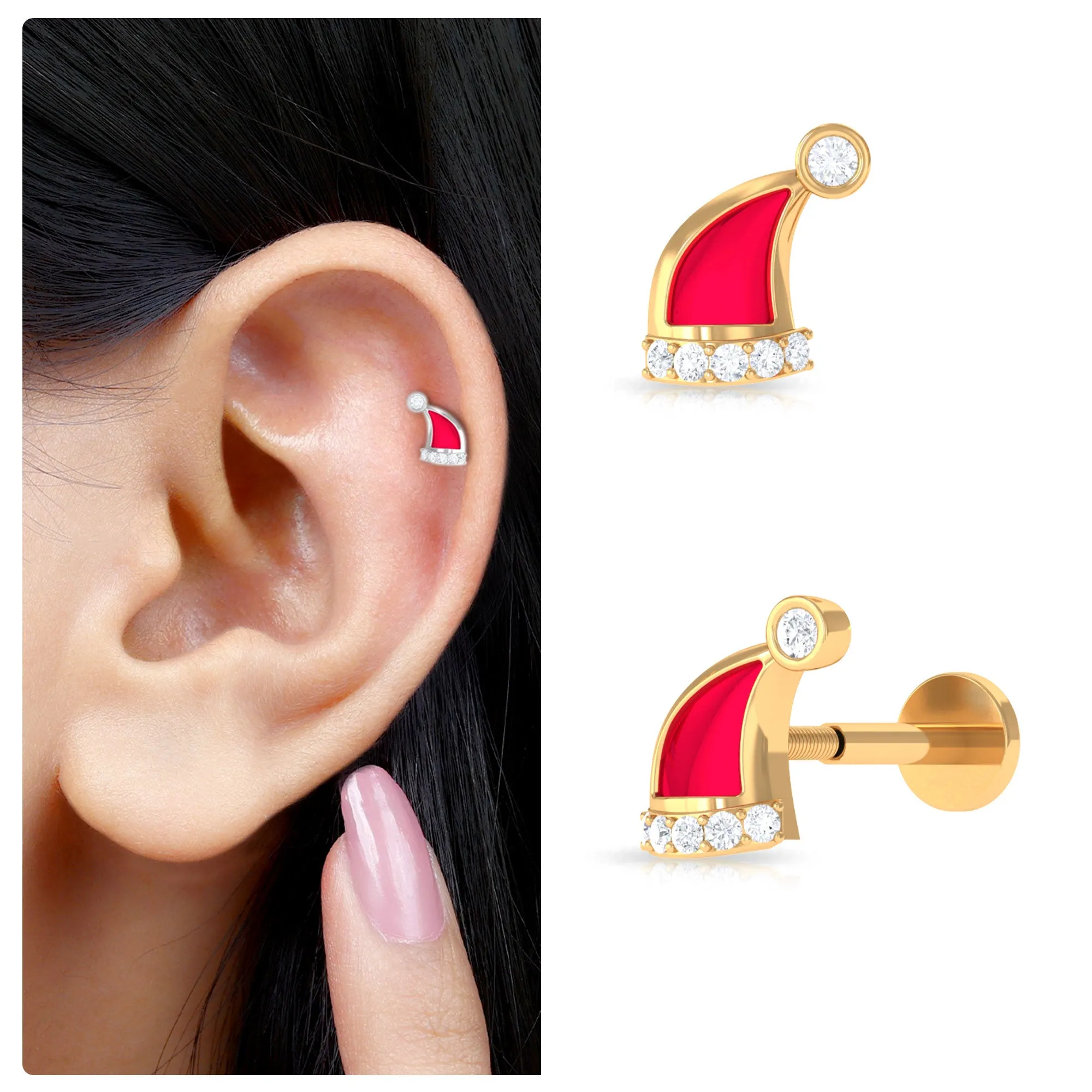 Diamond and Red Enamel Christmas Santa Hat Helix Earring