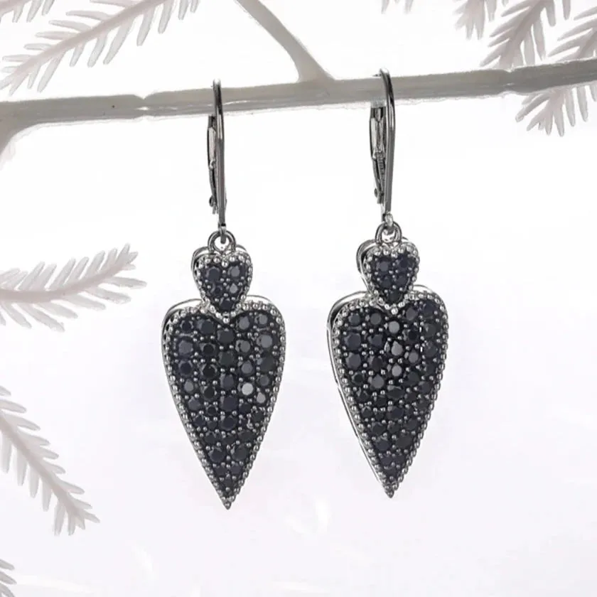 Double Heart 2.50 Ct Natural Black Spinel Drop Earrings