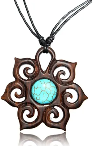 Earth Accessories Adjustable Turquoise Pendant Necklace with Organic Wood-Turquoise Jewelry for Women-Western/Pocahontas Vintage Delicate Necklaces