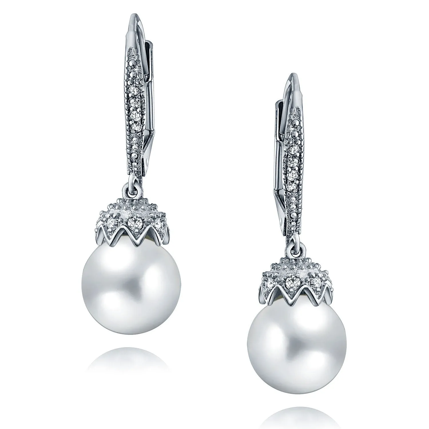 Elegant Bridal Pearl Dangle Chandelier Earrings - CZ Crown Ball Silver Plated