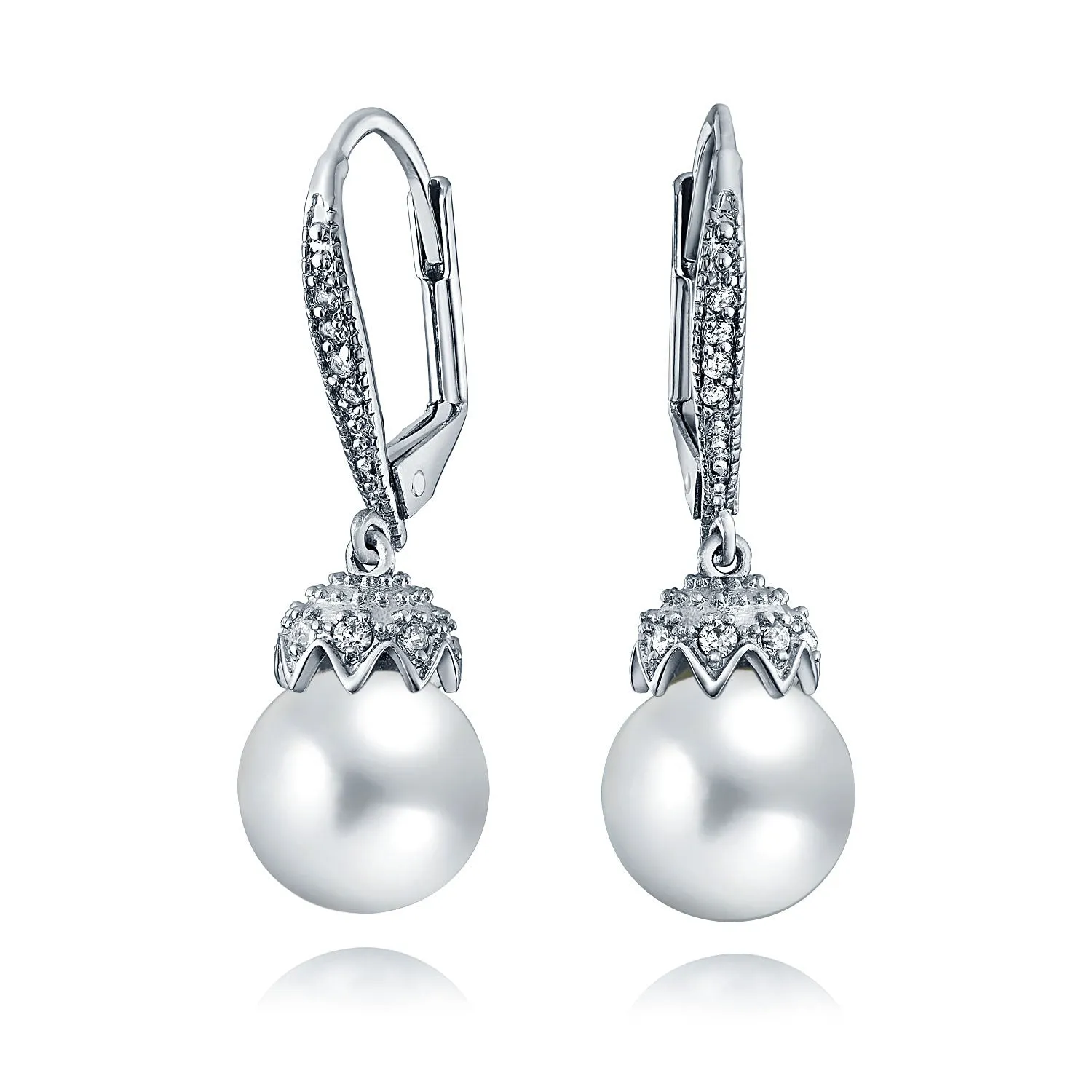 Elegant Bridal Pearl Dangle Chandelier Earrings - CZ Crown Ball Silver Plated