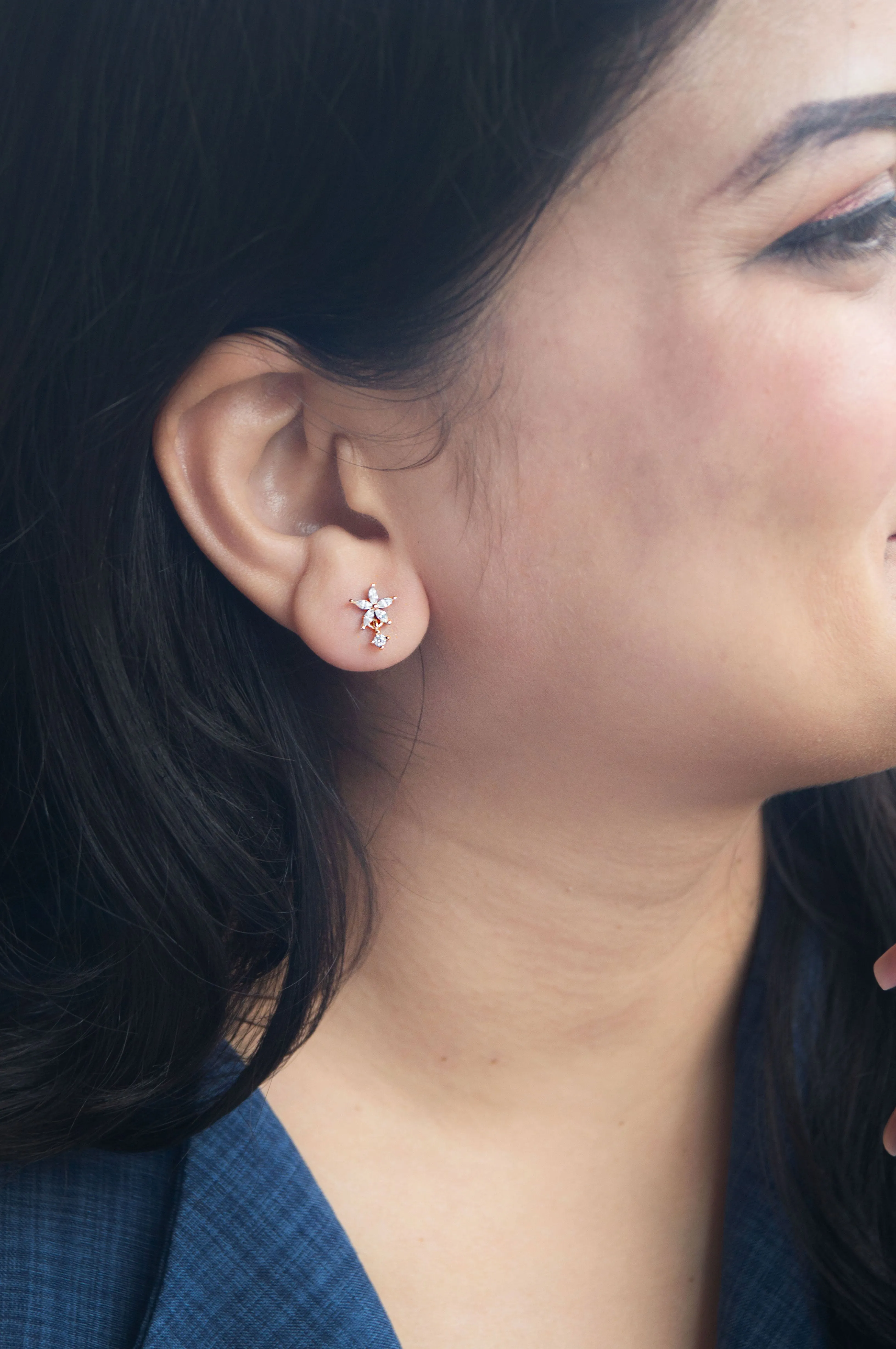 Flower With A Tiny Bling Sterling Silver Drop Earring