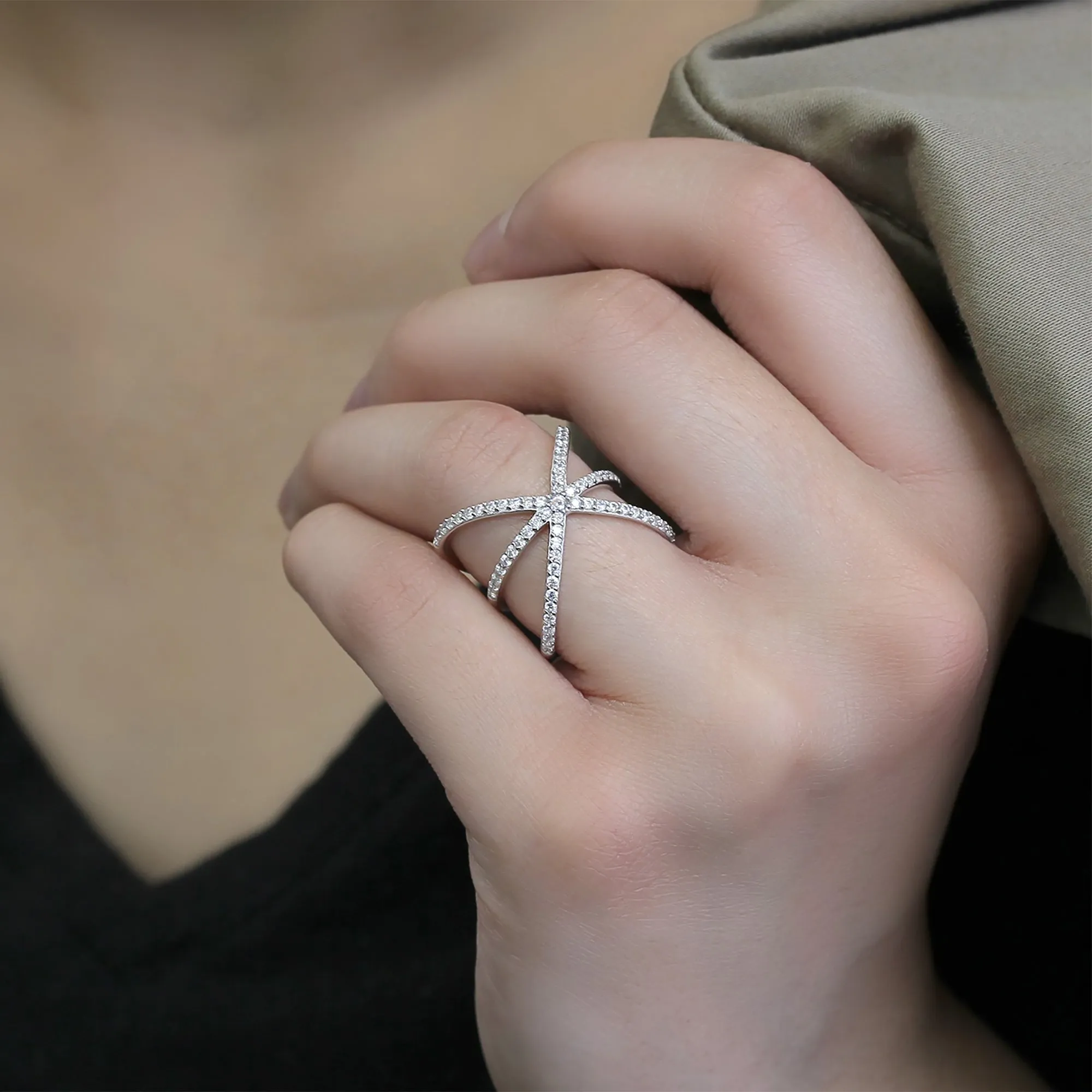 Galaxy Crisscross Ring, Platinum Plated Sterling Silver