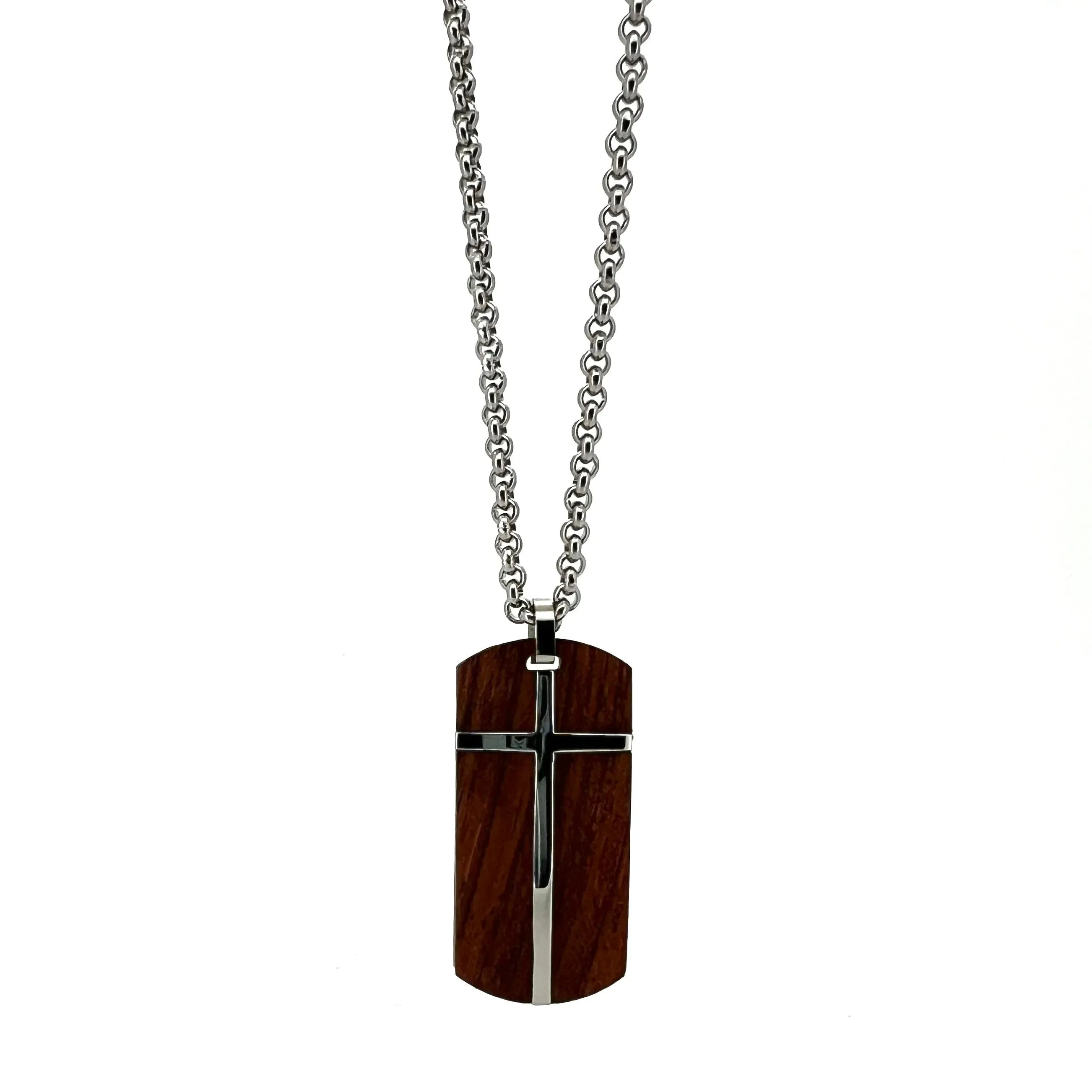 Galeno Stainless Steel Necklace with Rosewood Crucufix Inlay (24" chain)