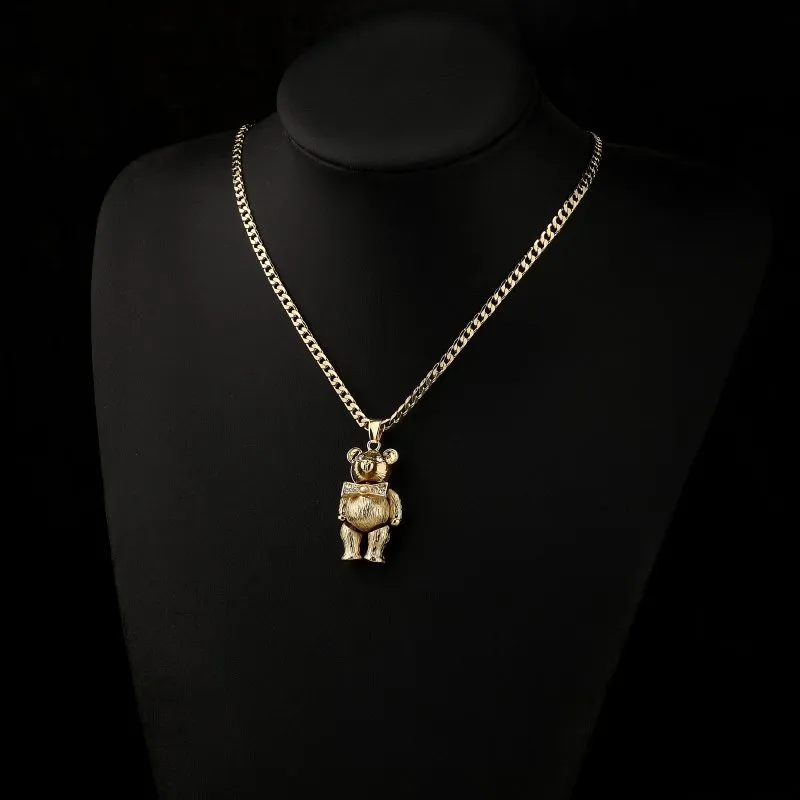 Gold Filled Teddy Bear Pendant With Clear Stones 22 Inch 4mm Cuban Chain