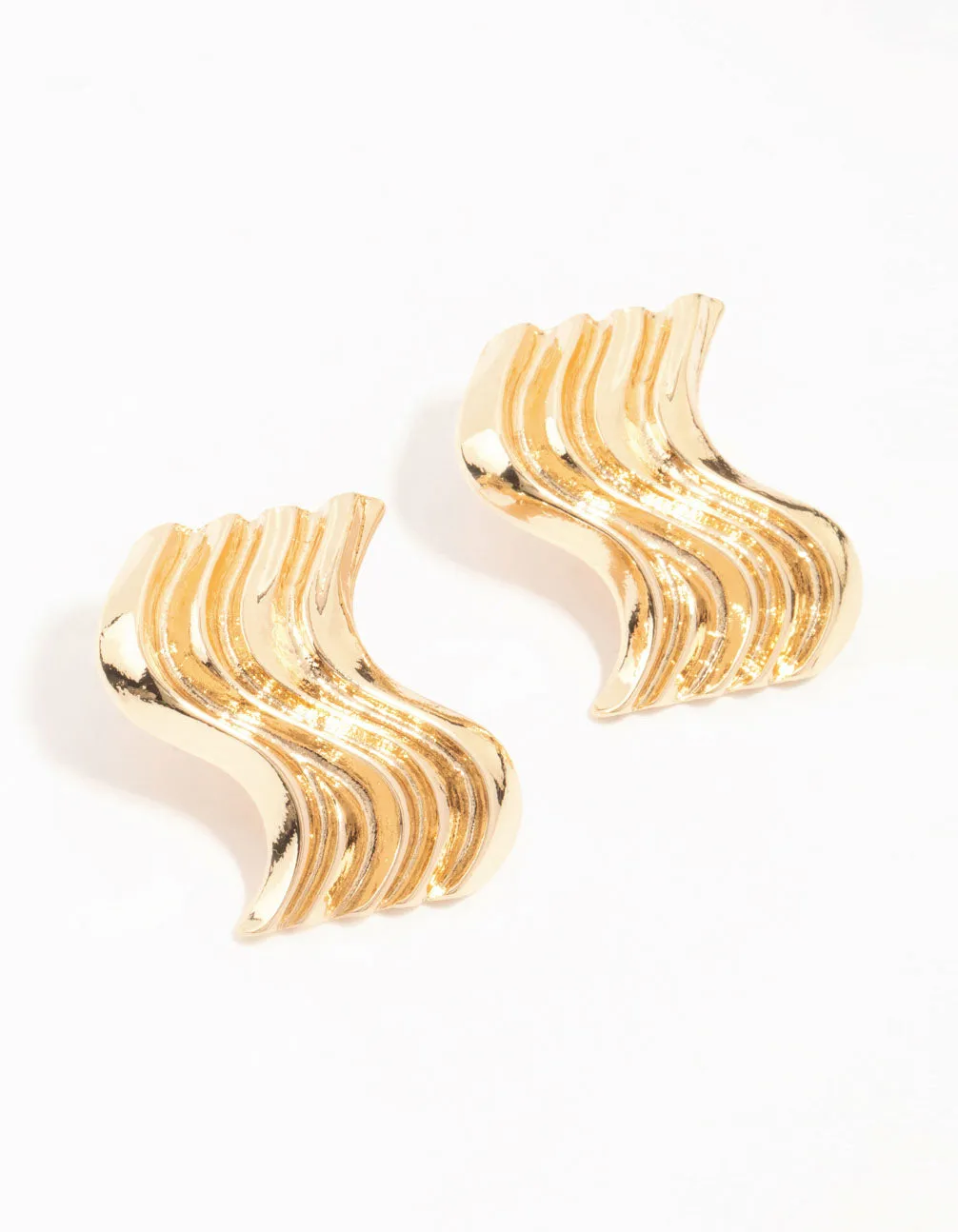 Gold Ribbed Wave Stud Earrings