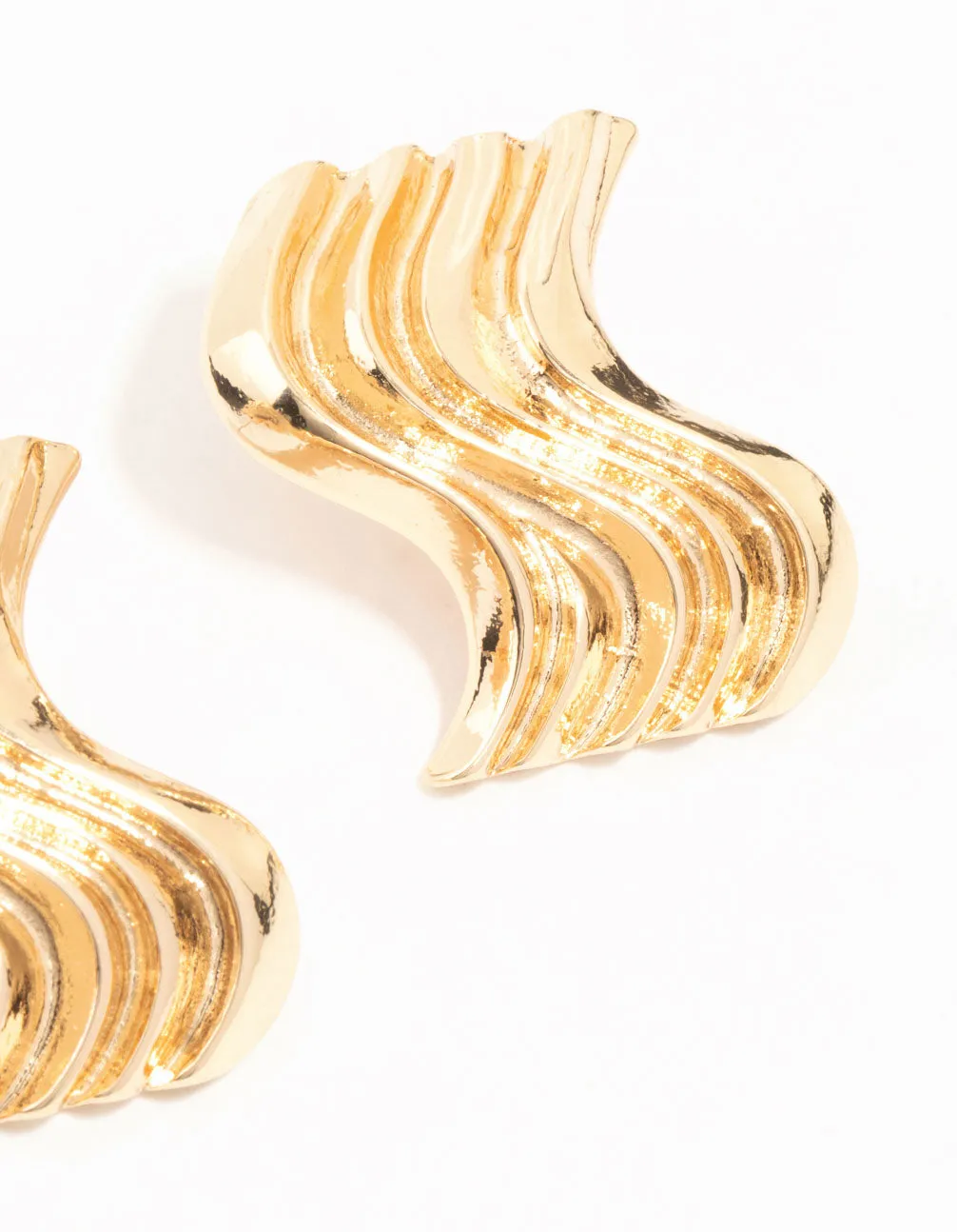 Gold Ribbed Wave Stud Earrings