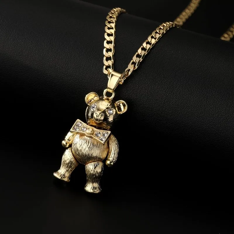 Gold Teddy Bear Pendant With Clear Stones 22 Inch 4mm Cuban Chain