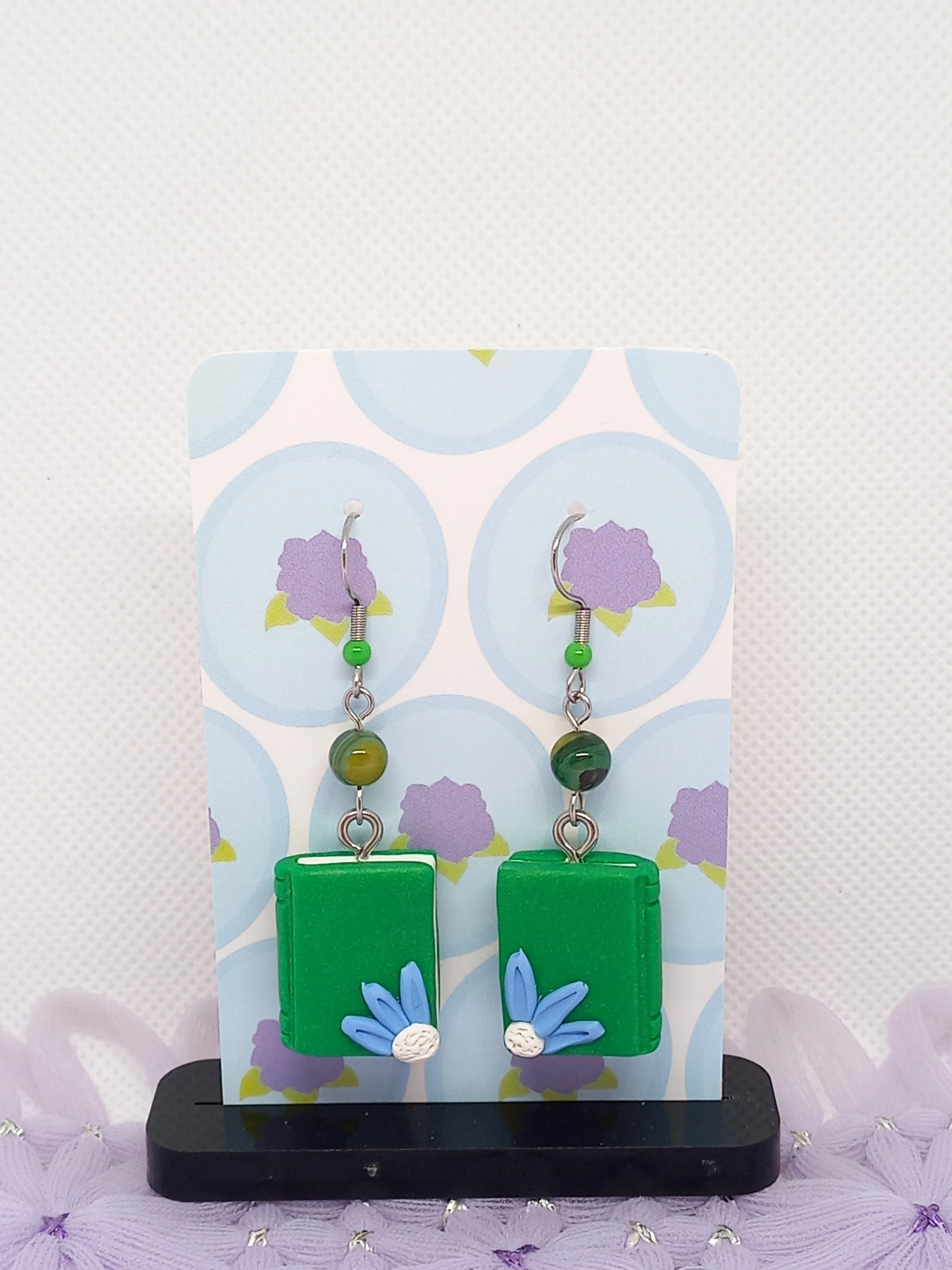 Green Floral Book Earrings | Book Collection