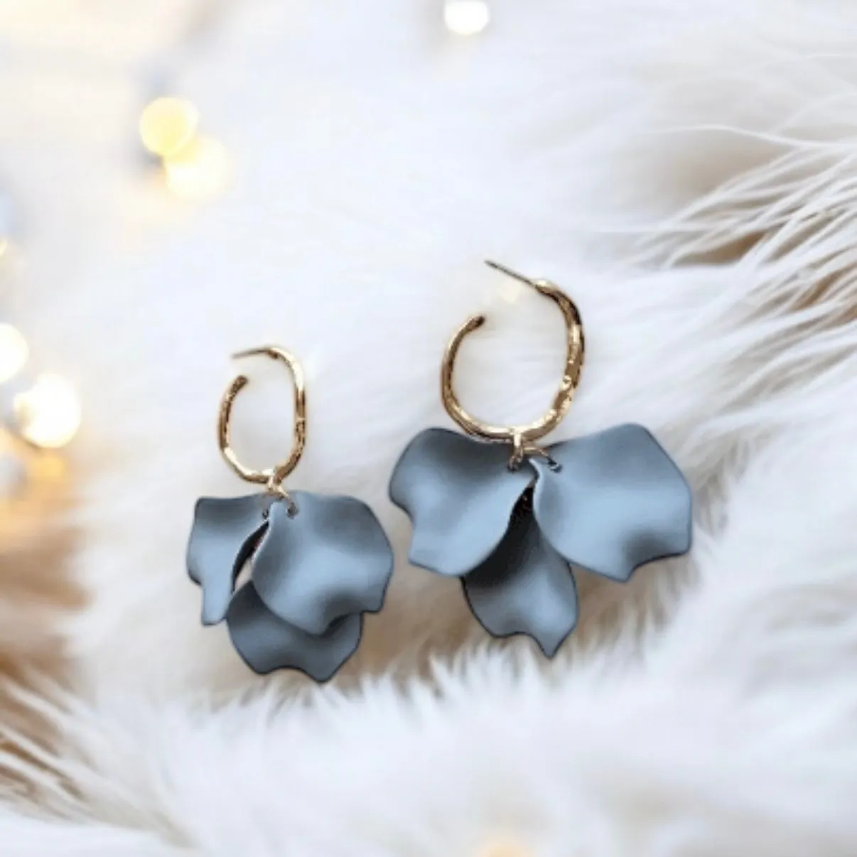 Grey - matte flower earrings | dangle petals statement earrings | unique golden bar floral earrings | bridal party wedding earrings