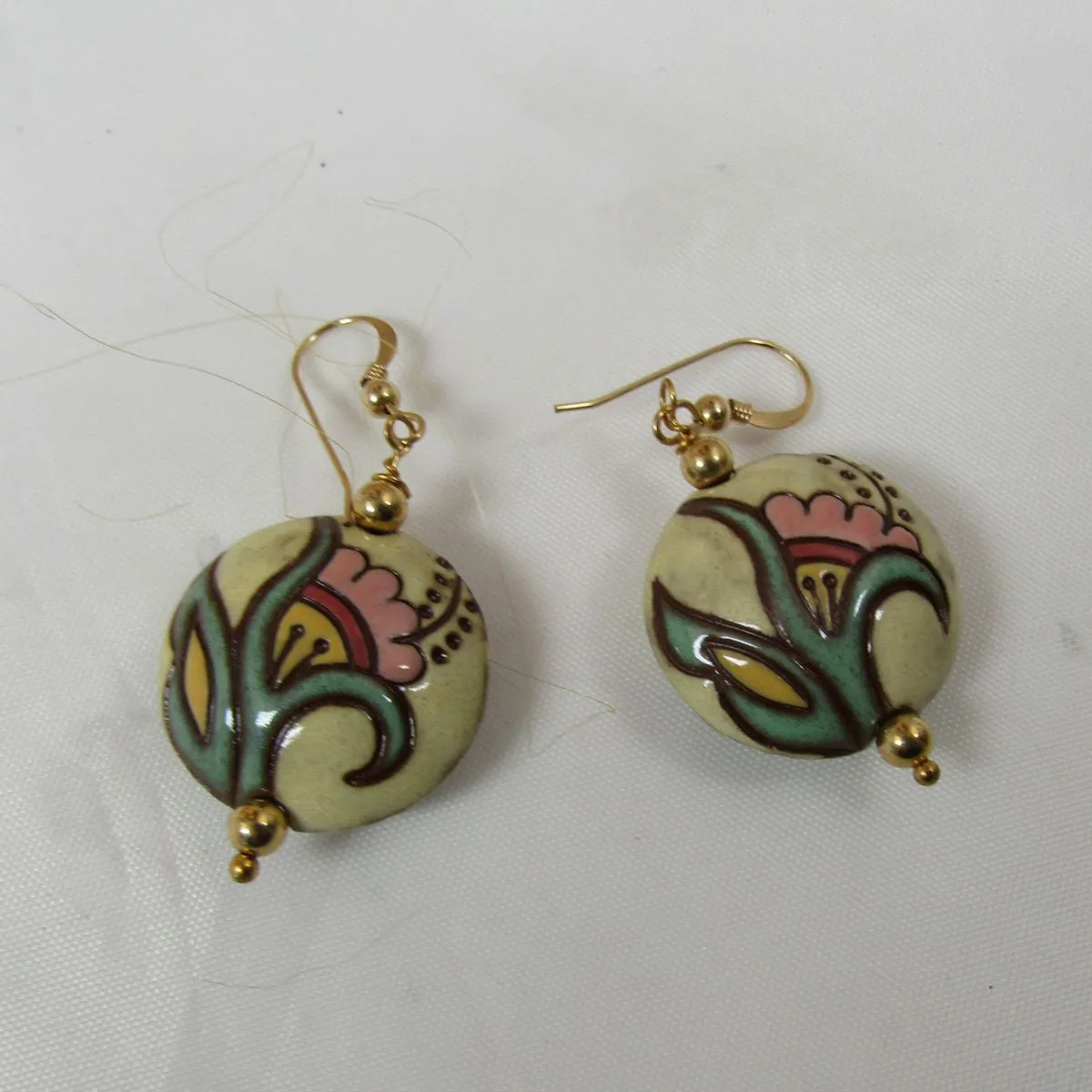 Handmade Cream & Pink Flower Ceramic Earrings  Golem