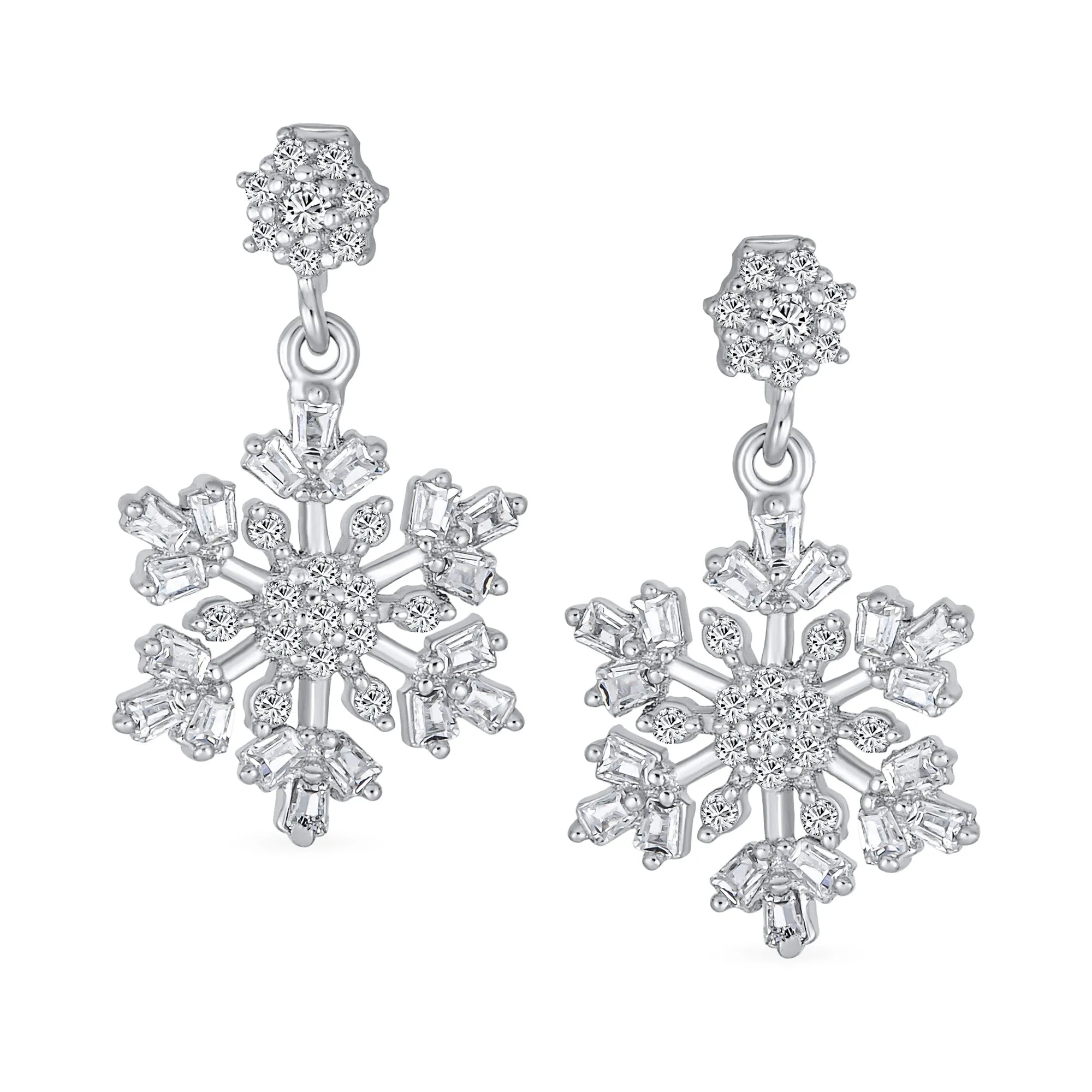 Holiday Party CZ Stud Earrings: Large Snowflake Dangle, Sterling Silver Zirconia