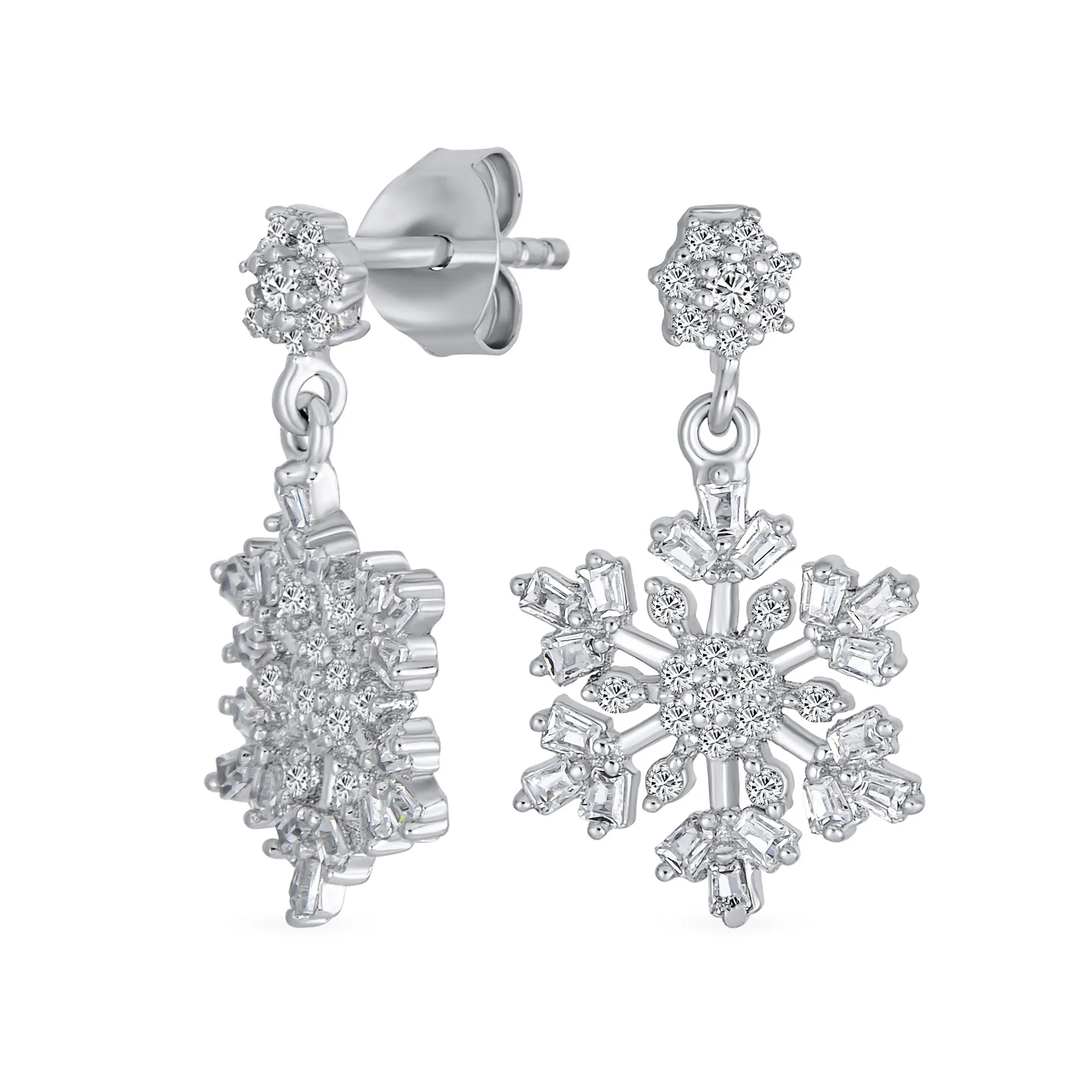 Holiday Party CZ Stud Earrings: Large Snowflake Dangle, Sterling Silver Zirconia