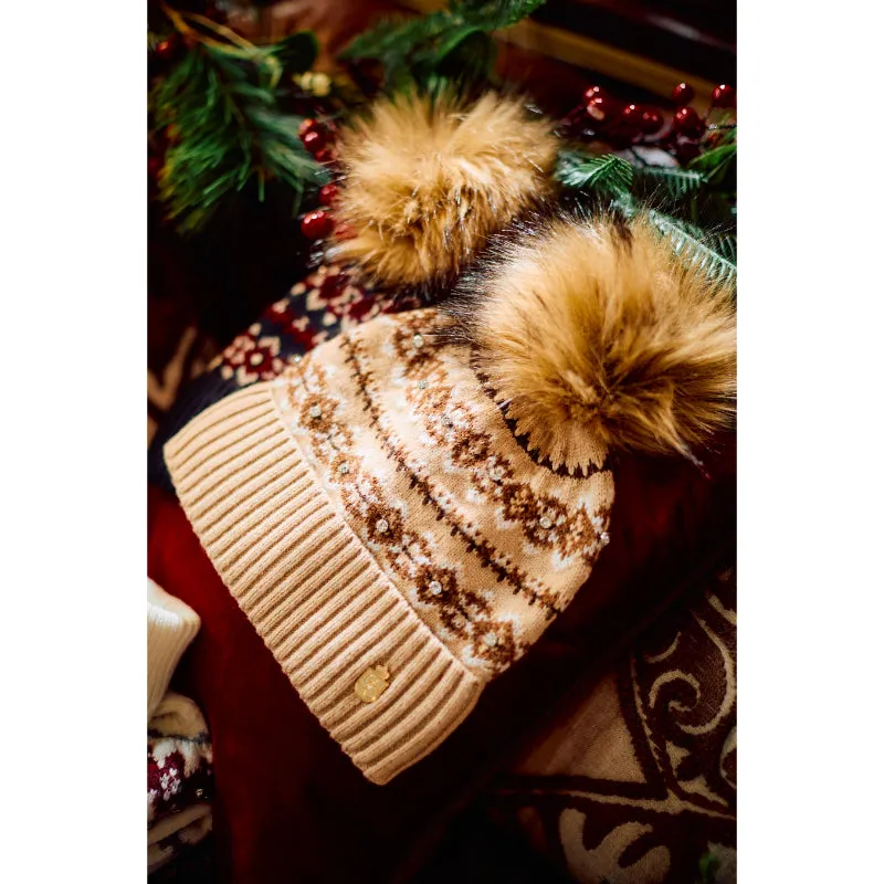 Holland Cooper Jennifer Fairisle Ladies Bobble Hat - Light Camel