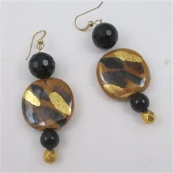 Honey and Gold Kazuri Bead Earrings with Onyx Accents