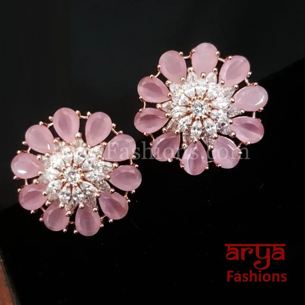 Isha CZ Studs with Silver stones in Rose Gold Finish/ Trendy Bollywood Stud Earrings