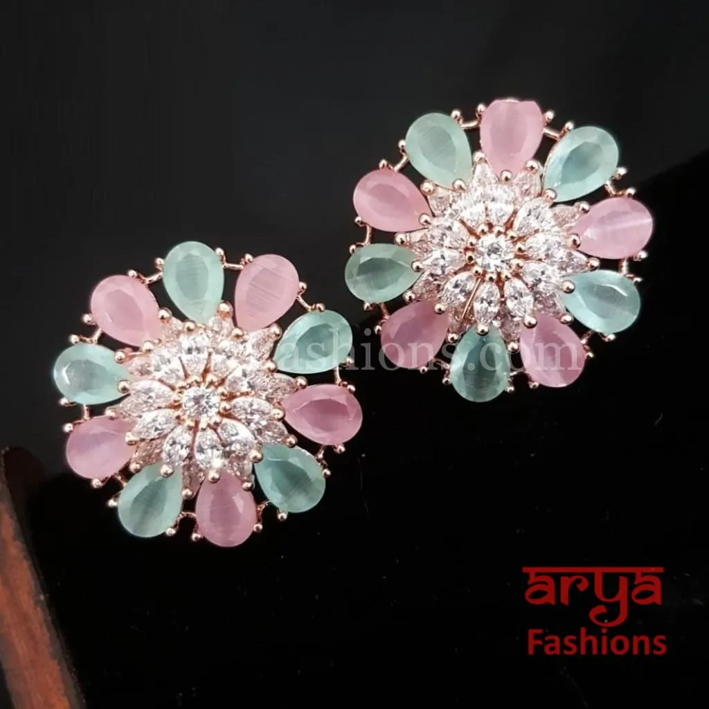 Isha CZ Studs with Silver stones in Rose Gold Finish/ Trendy Bollywood Stud Earrings