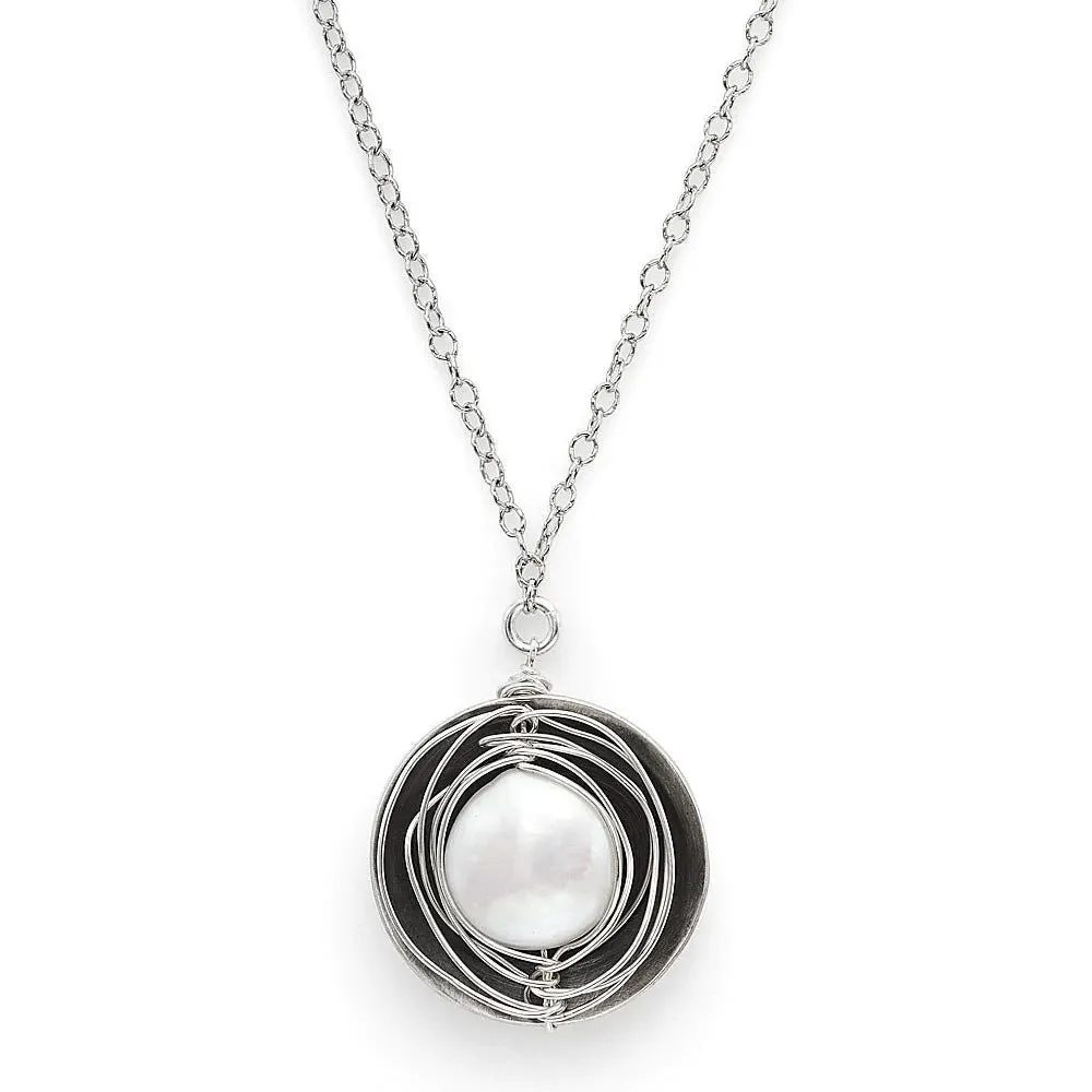 J & I Wire Wrapped White Coin Pearl Necklace