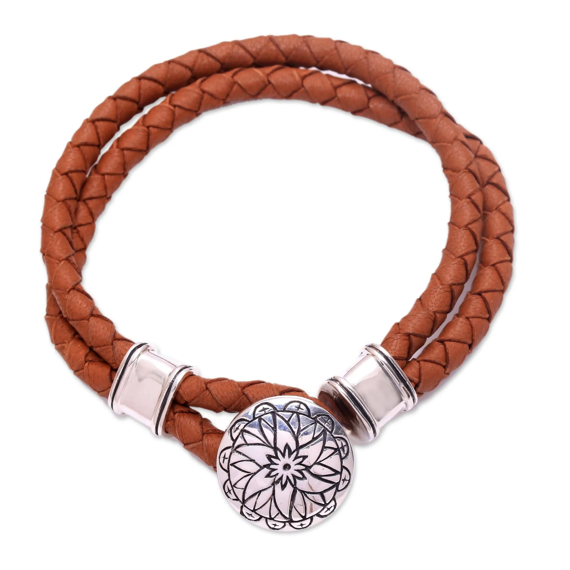 Lotus Leather Accent Sterling Silver Bracelet with Lotus Pendant